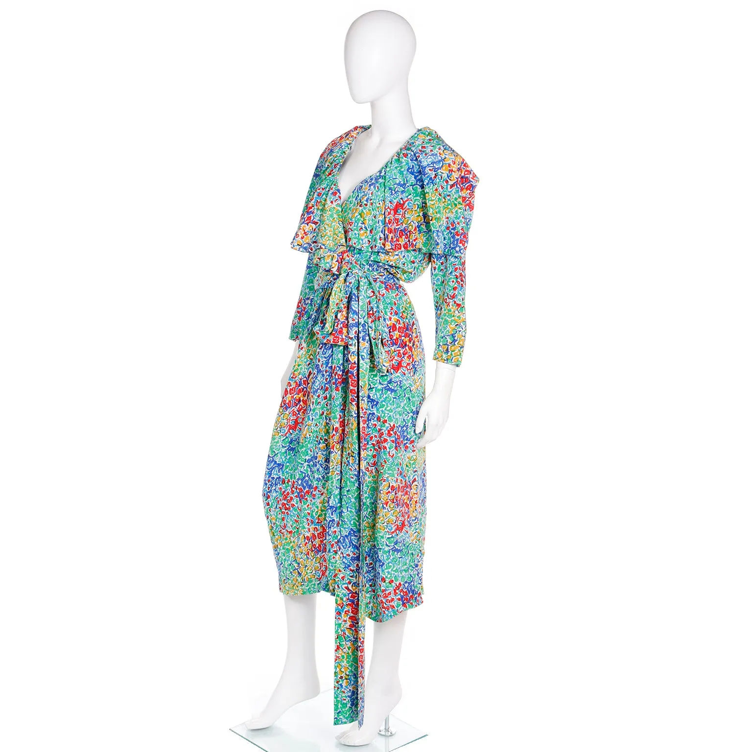 1989 Yves Saint Laurent YSL Floral Silk Wrap Dress With Sash