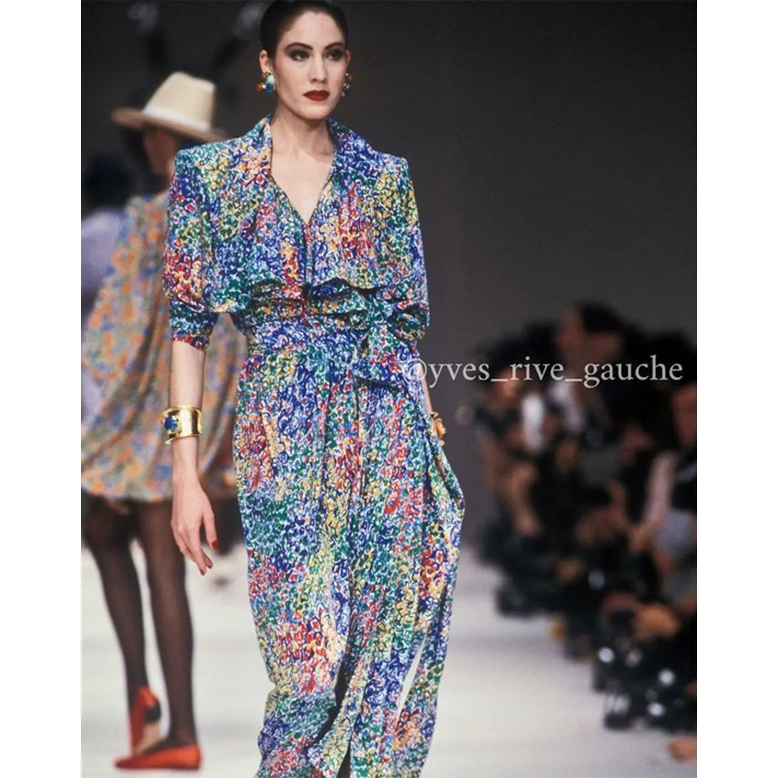 1989 Yves Saint Laurent YSL Floral Silk Wrap Dress With Sash