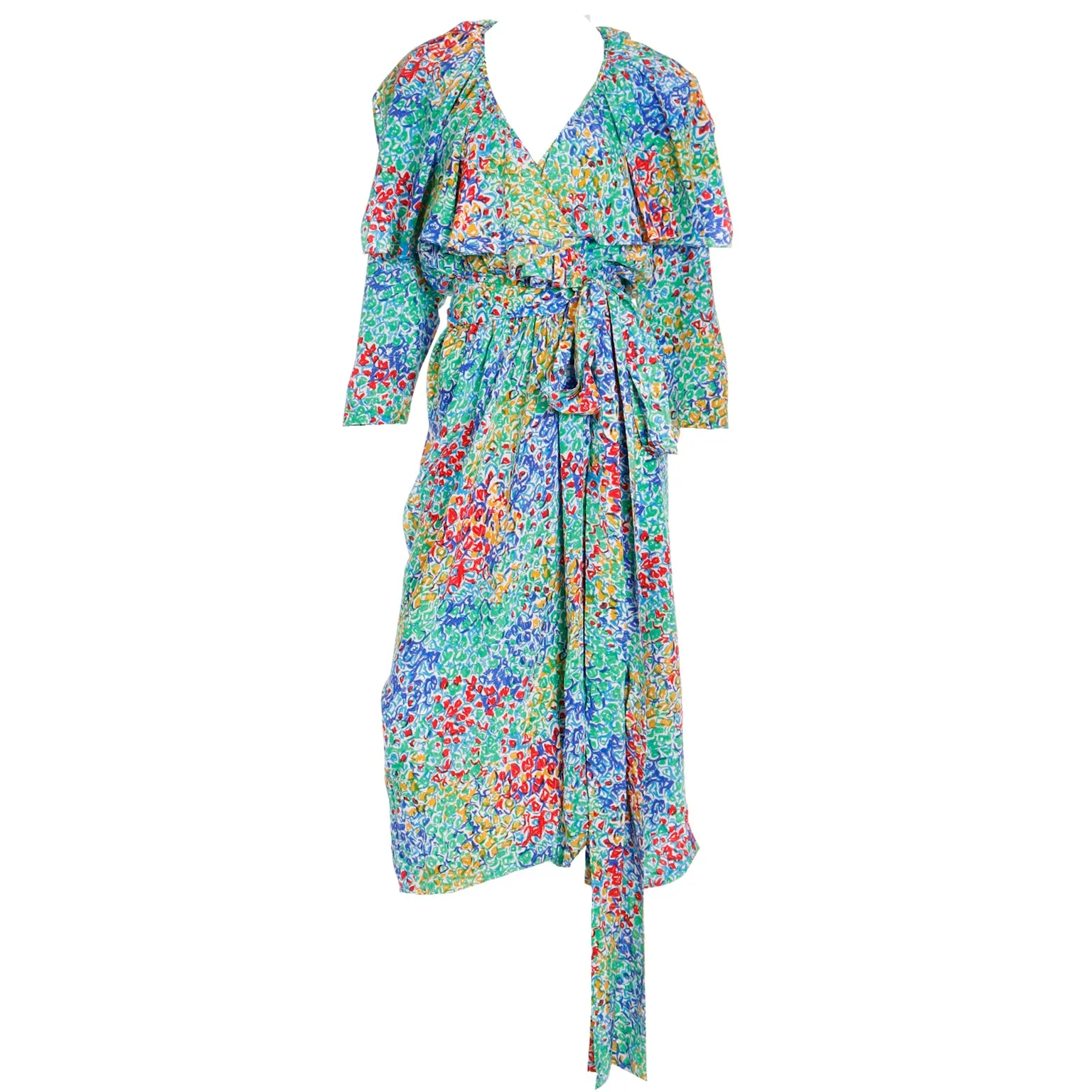 1989 Yves Saint Laurent YSL Floral Silk Wrap Dress With Sash
