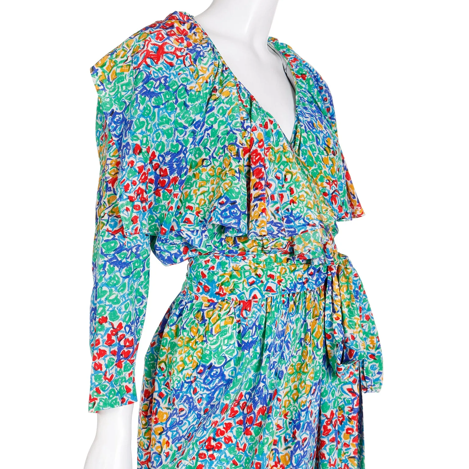 1989 Yves Saint Laurent YSL Floral Silk Wrap Dress With Sash