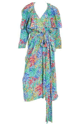 1989 Yves Saint Laurent YSL Floral Silk Wrap Dress With Sash