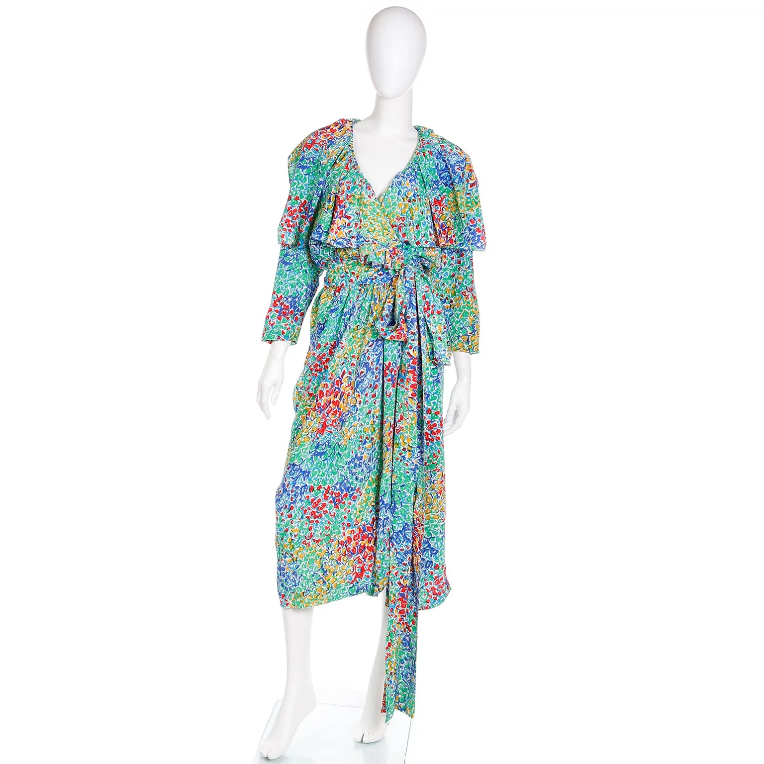 1989 Yves Saint Laurent YSL Floral Silk Wrap Dress With Sash