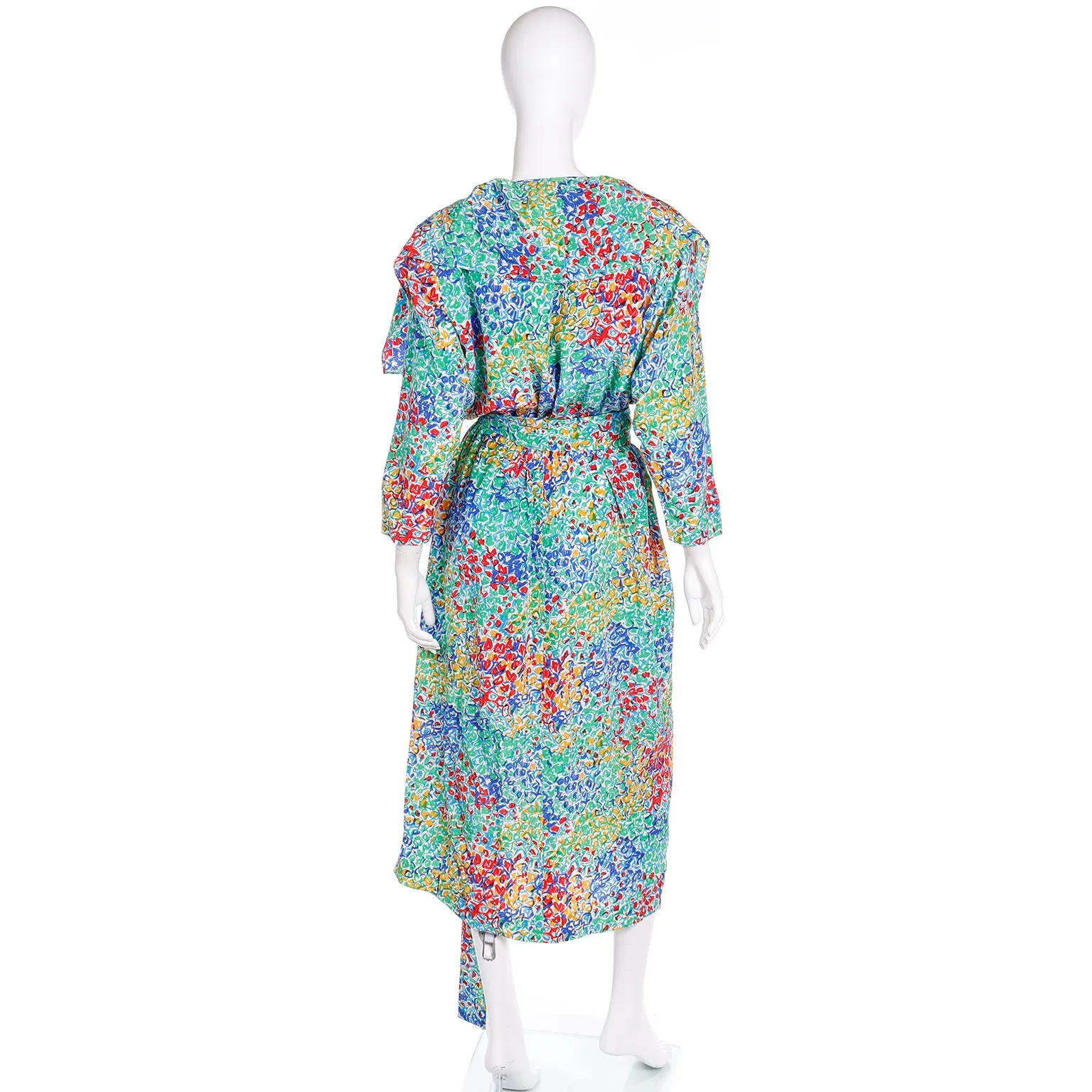 1989 Yves Saint Laurent YSL Floral Silk Wrap Dress With Sash