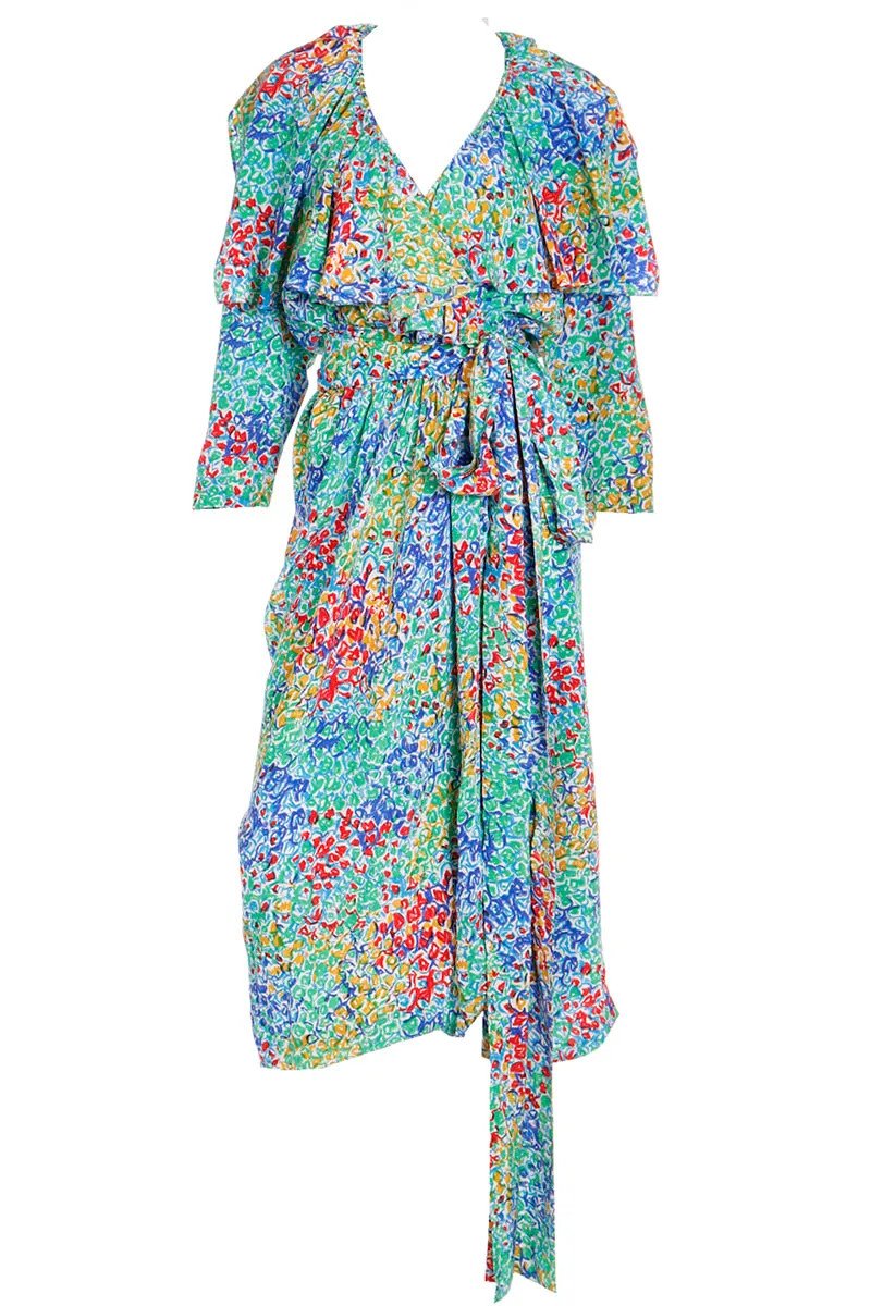 1989 Yves Saint Laurent YSL Floral Silk Wrap Dress With Sash