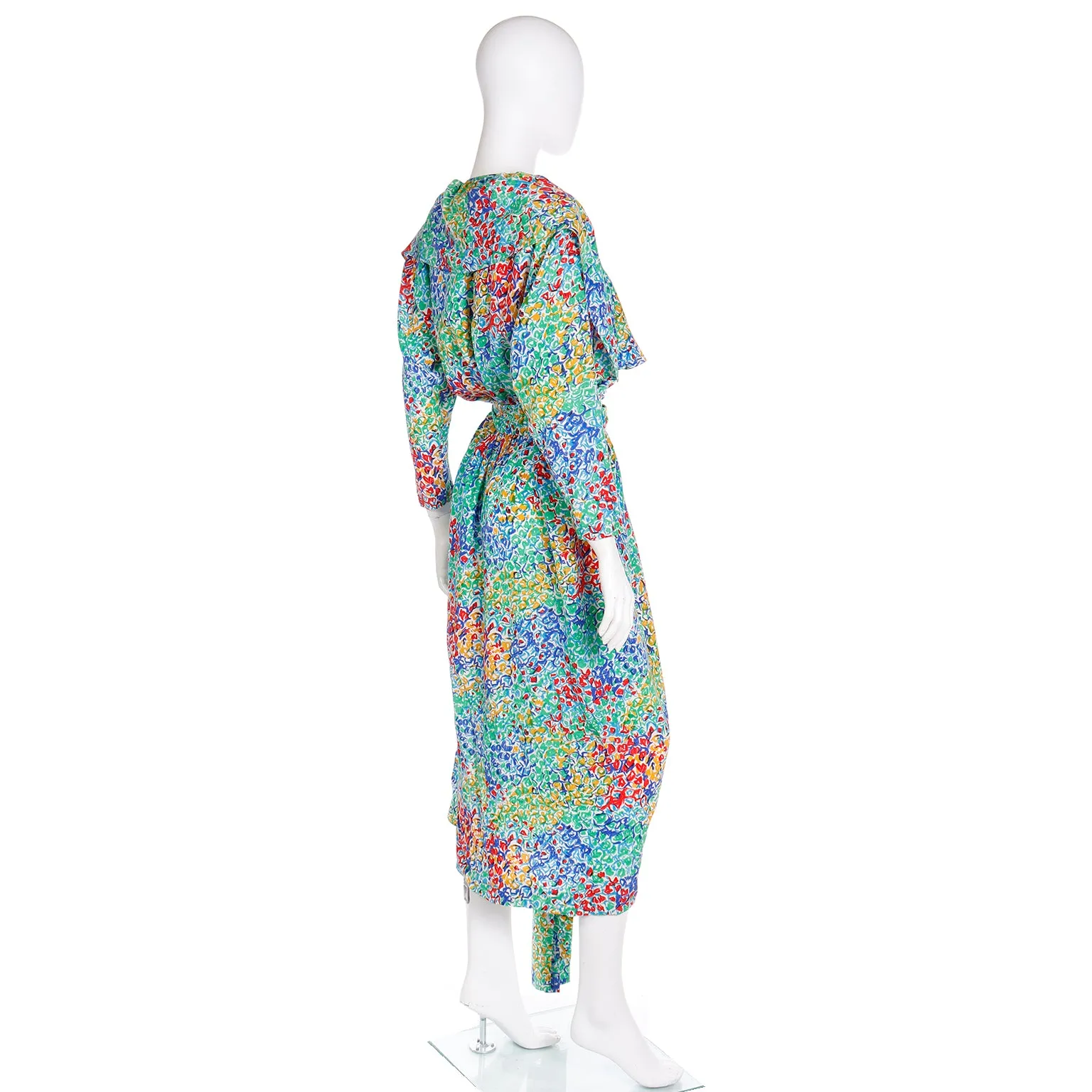 1989 Yves Saint Laurent YSL Floral Silk Wrap Dress With Sash