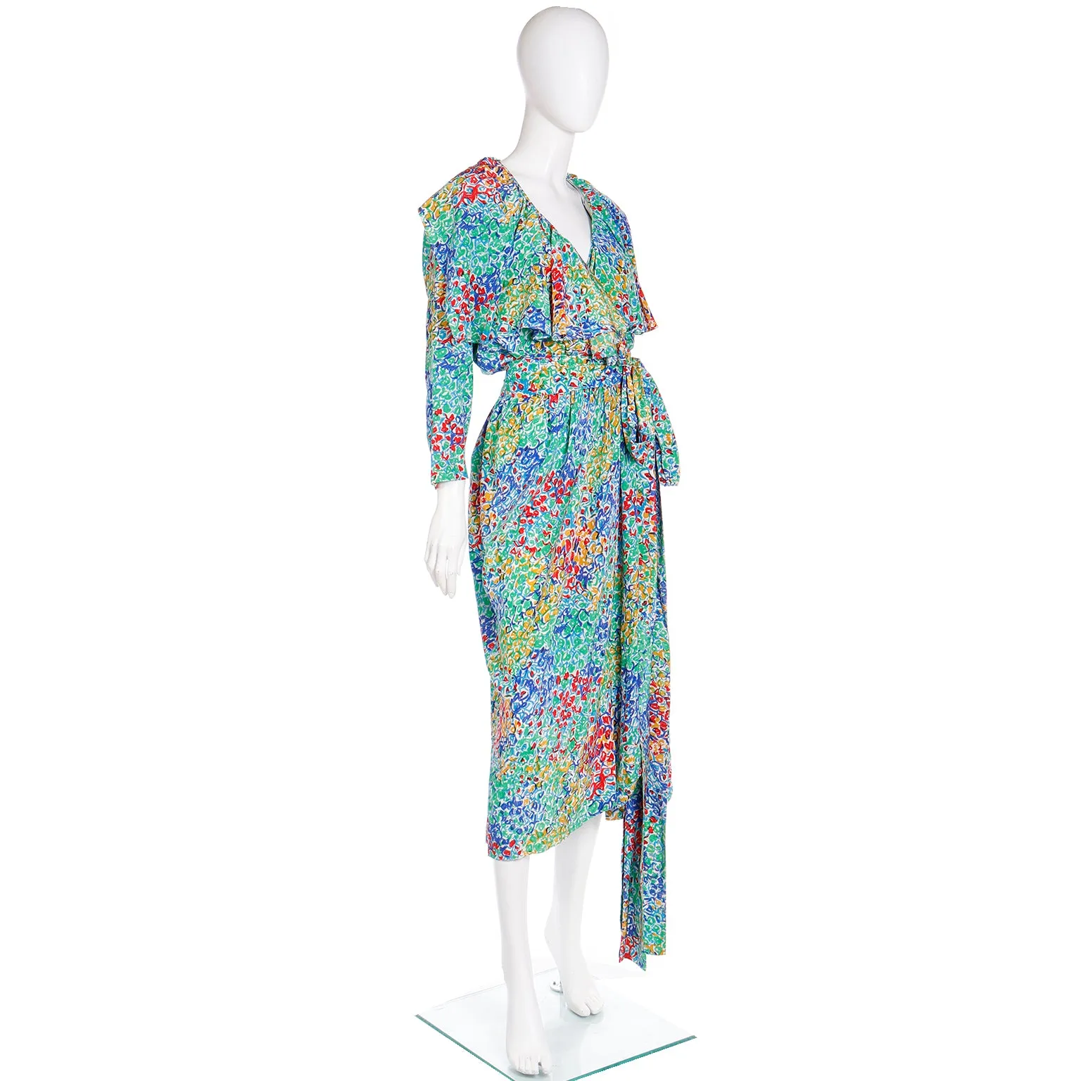 1989 Yves Saint Laurent YSL Floral Silk Wrap Dress With Sash