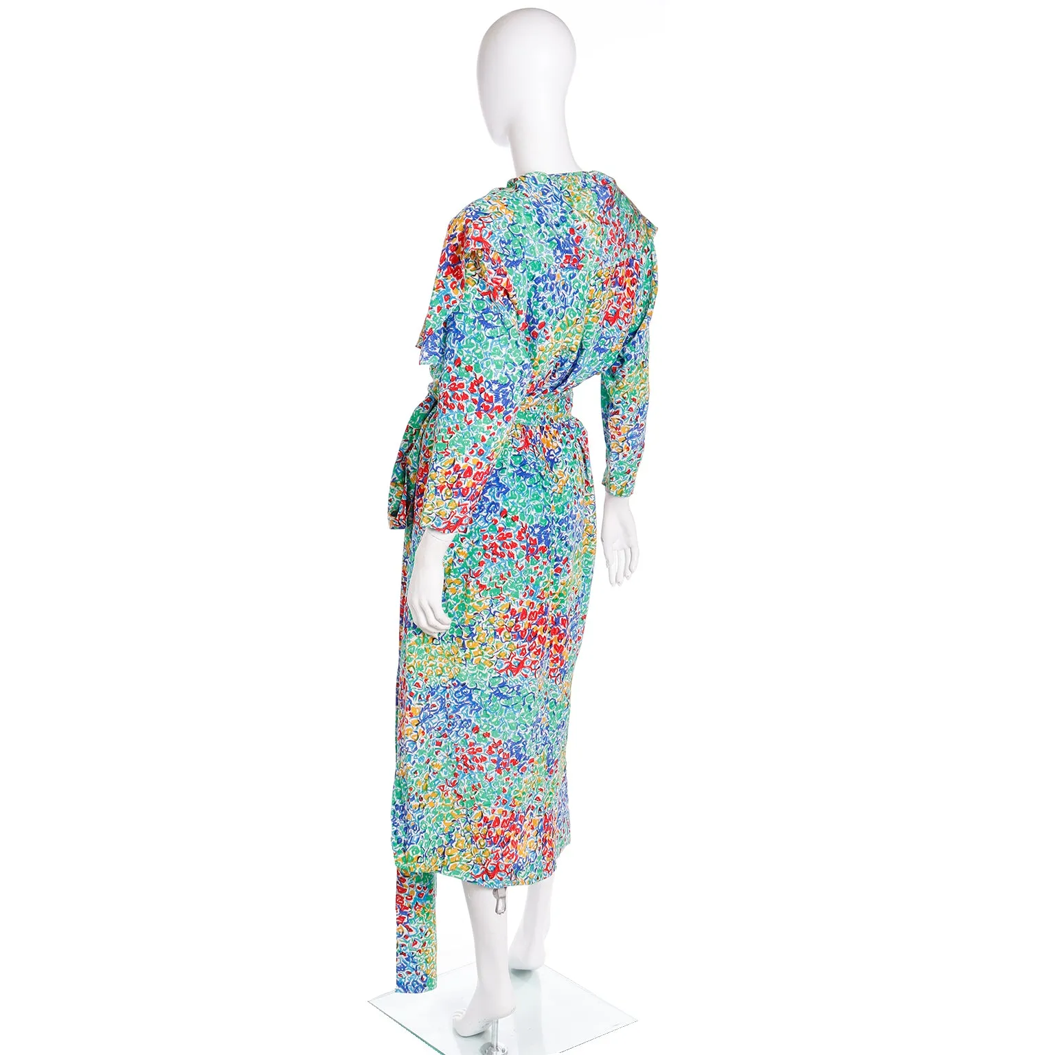 1989 Yves Saint Laurent YSL Floral Silk Wrap Dress With Sash
