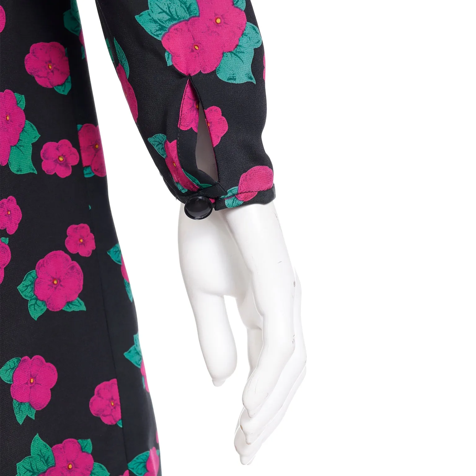 1990s Ungaro Vintage Black Pink & Green Floral Print Silk Dress