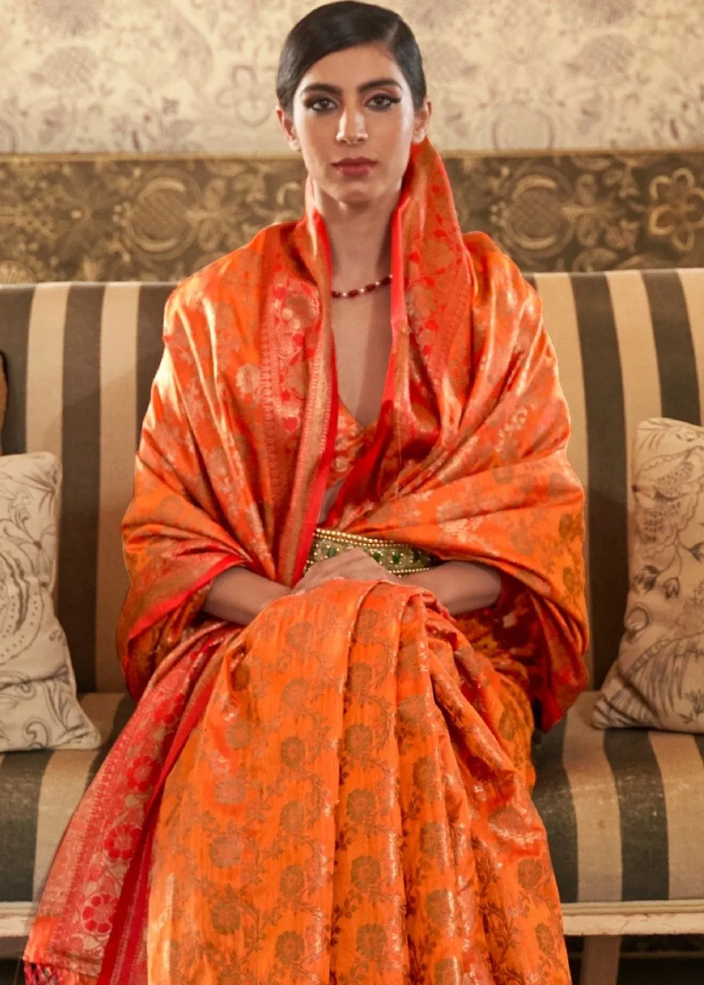 Amber Orange Woven Banarasi Tussar Silk Saree : Top Pick