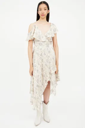Beige & Blue Floral Wrap Dress