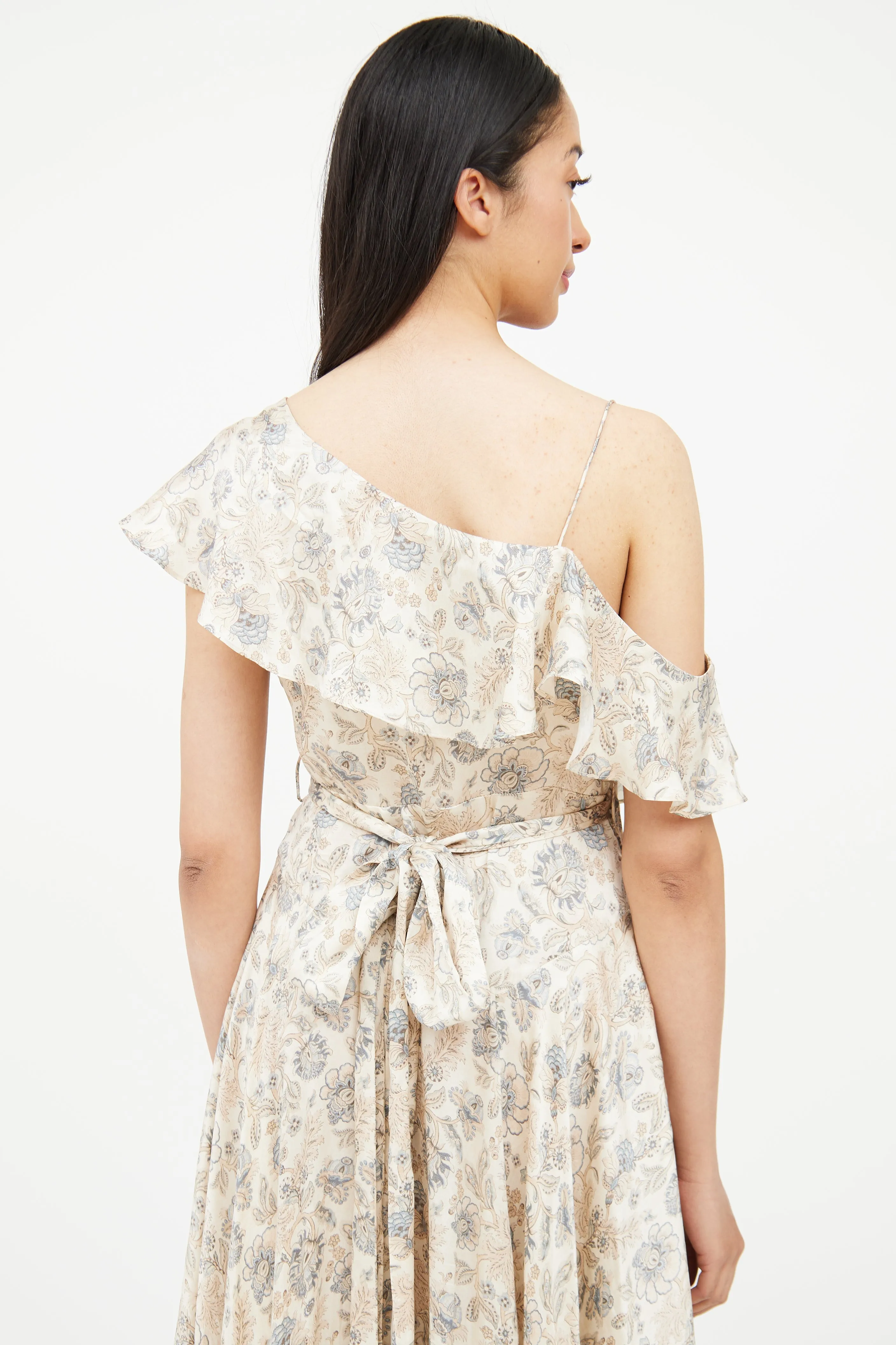 Beige & Blue Floral Wrap Dress