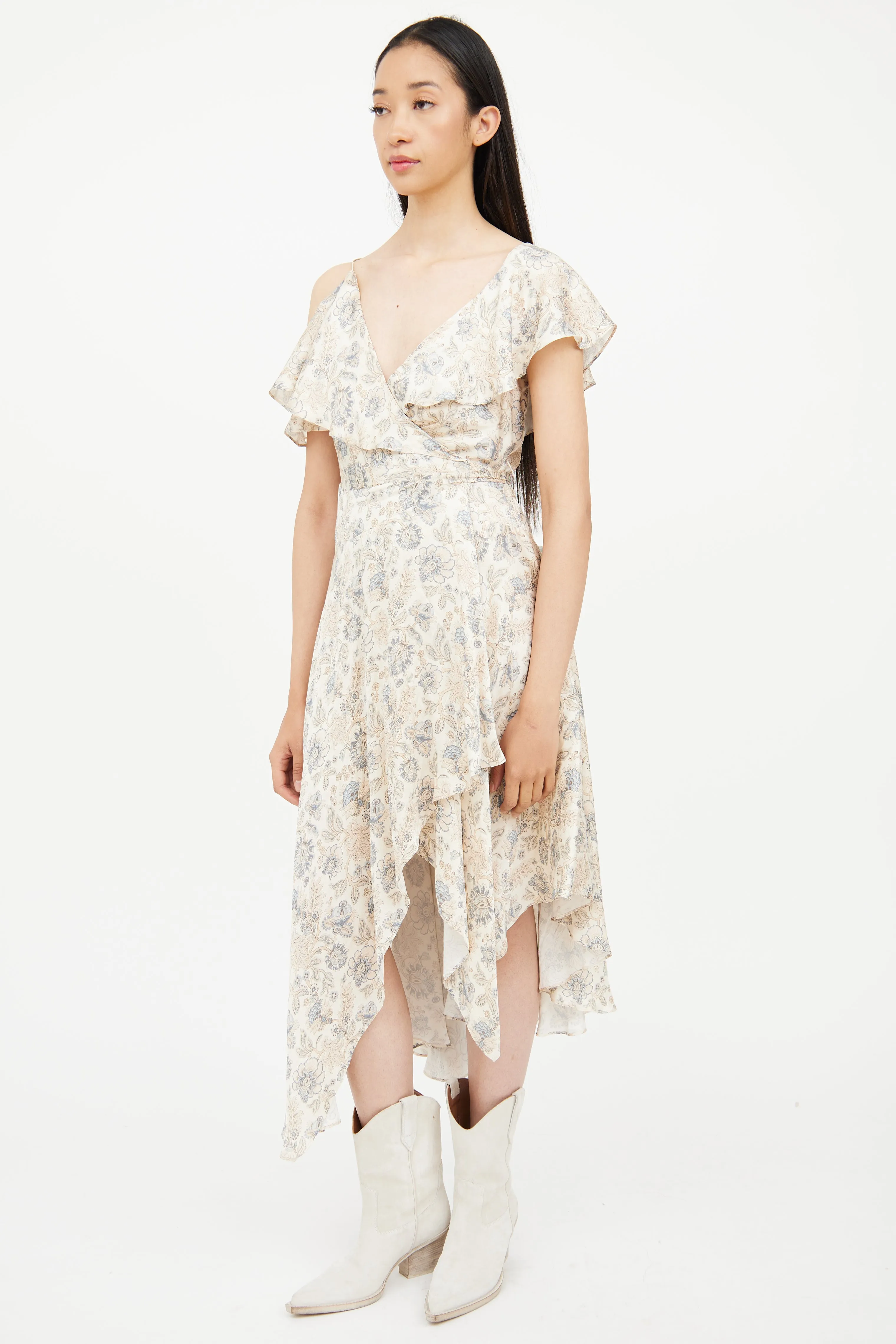 Beige & Blue Floral Wrap Dress