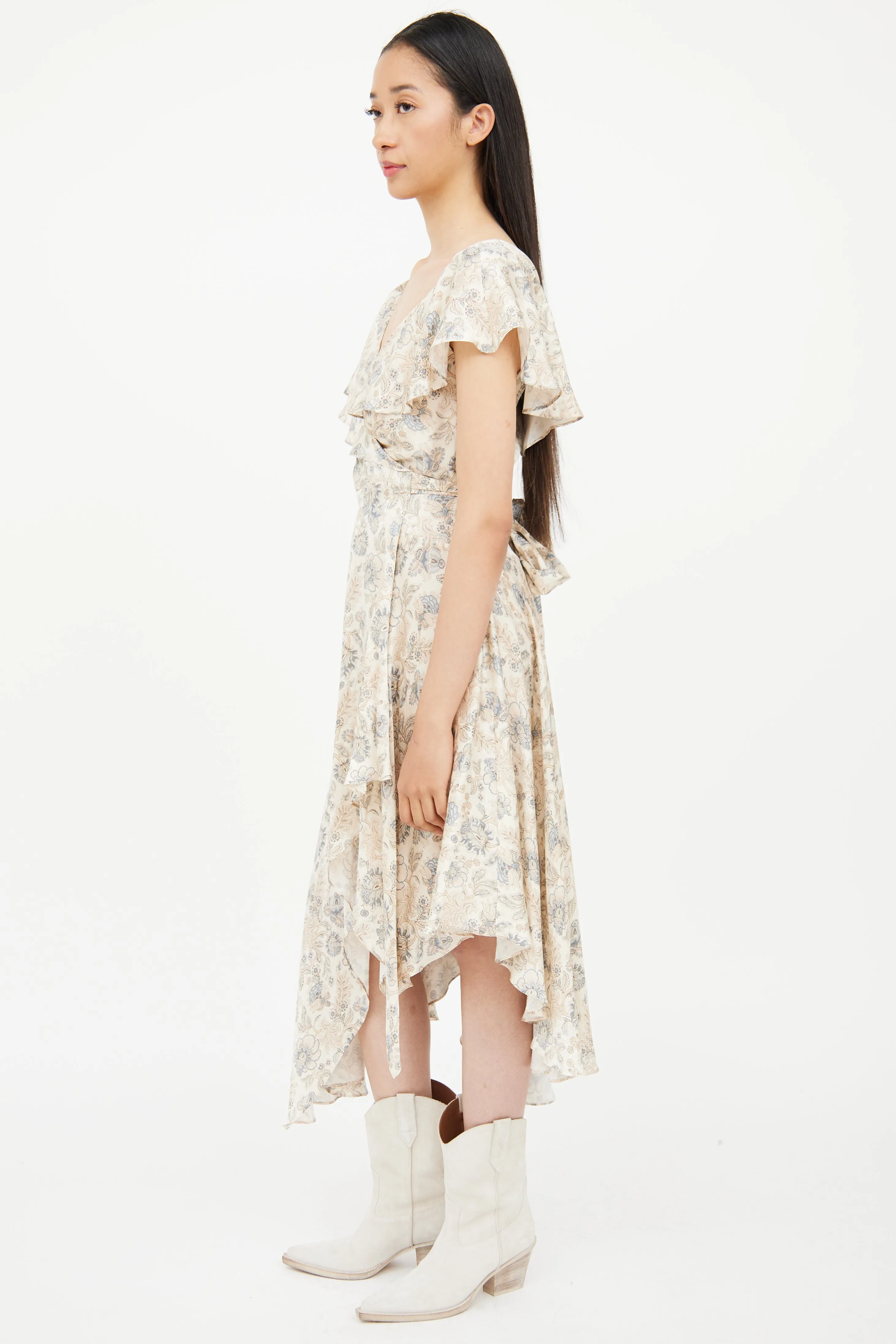Beige & Blue Floral Wrap Dress