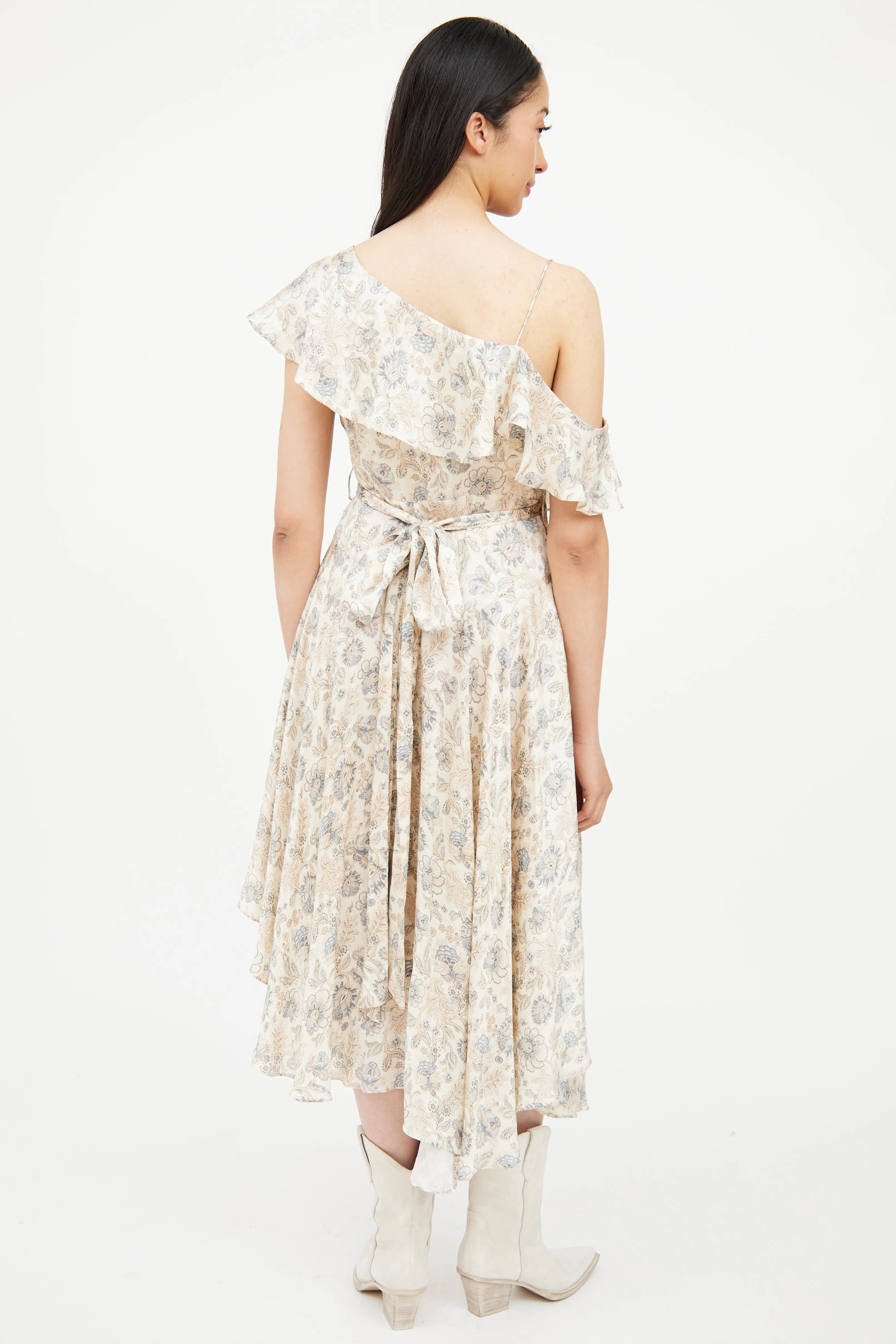 Beige & Blue Floral Wrap Dress