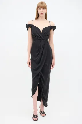 Black Silk Draped Off Shoulder Dress