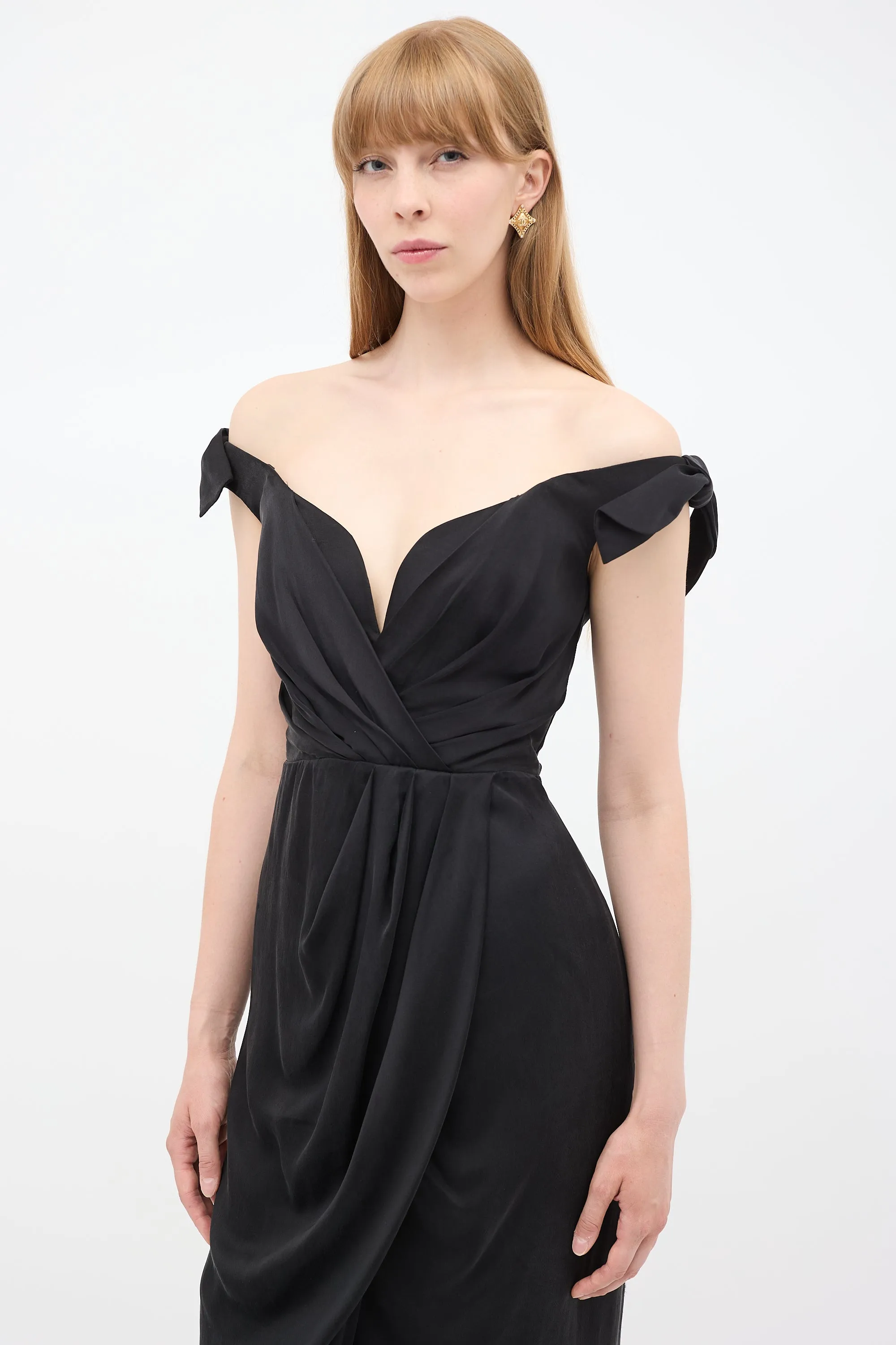 Black Silk Draped Off Shoulder Dress