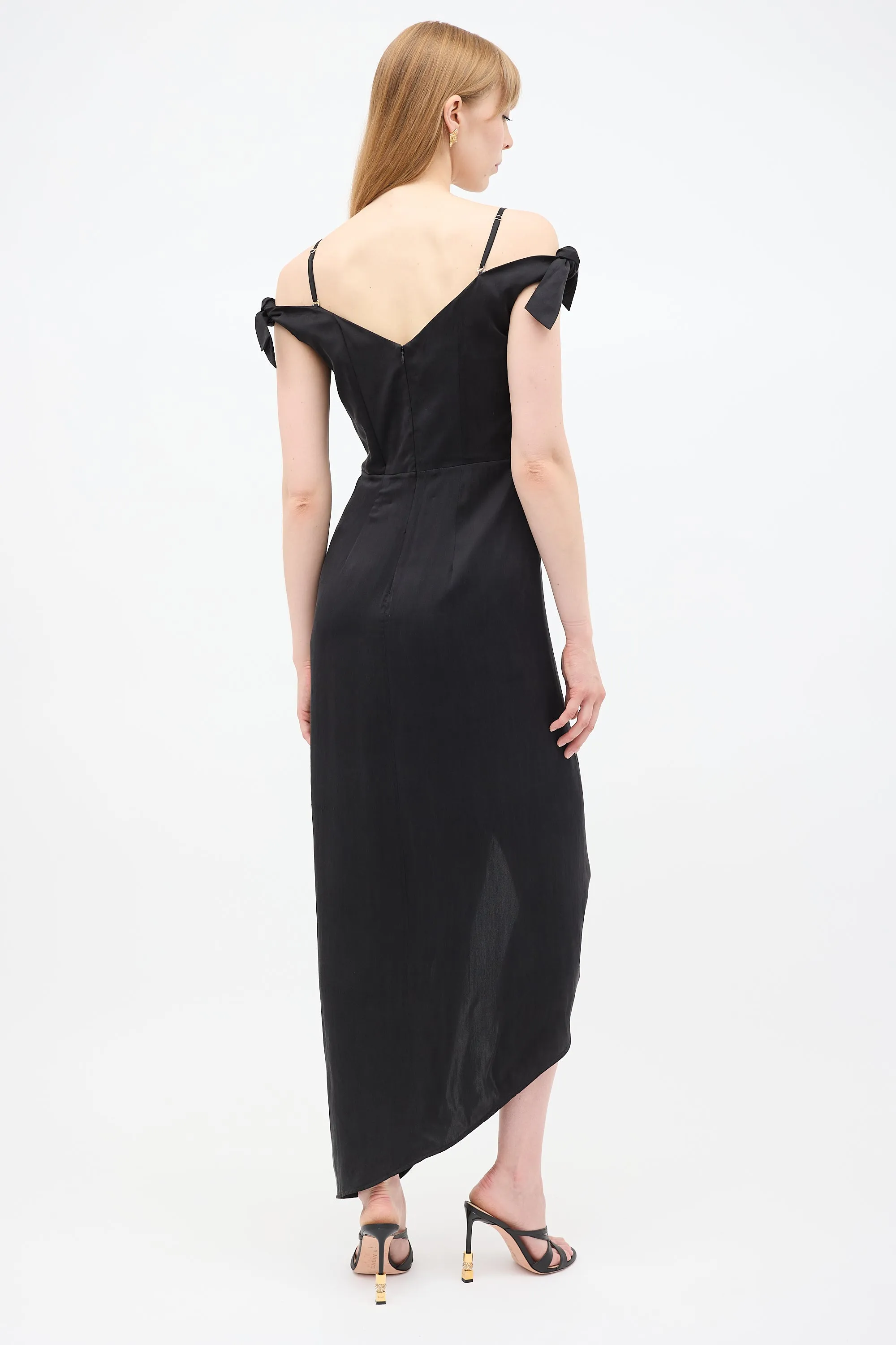 Black Silk Draped Off Shoulder Dress