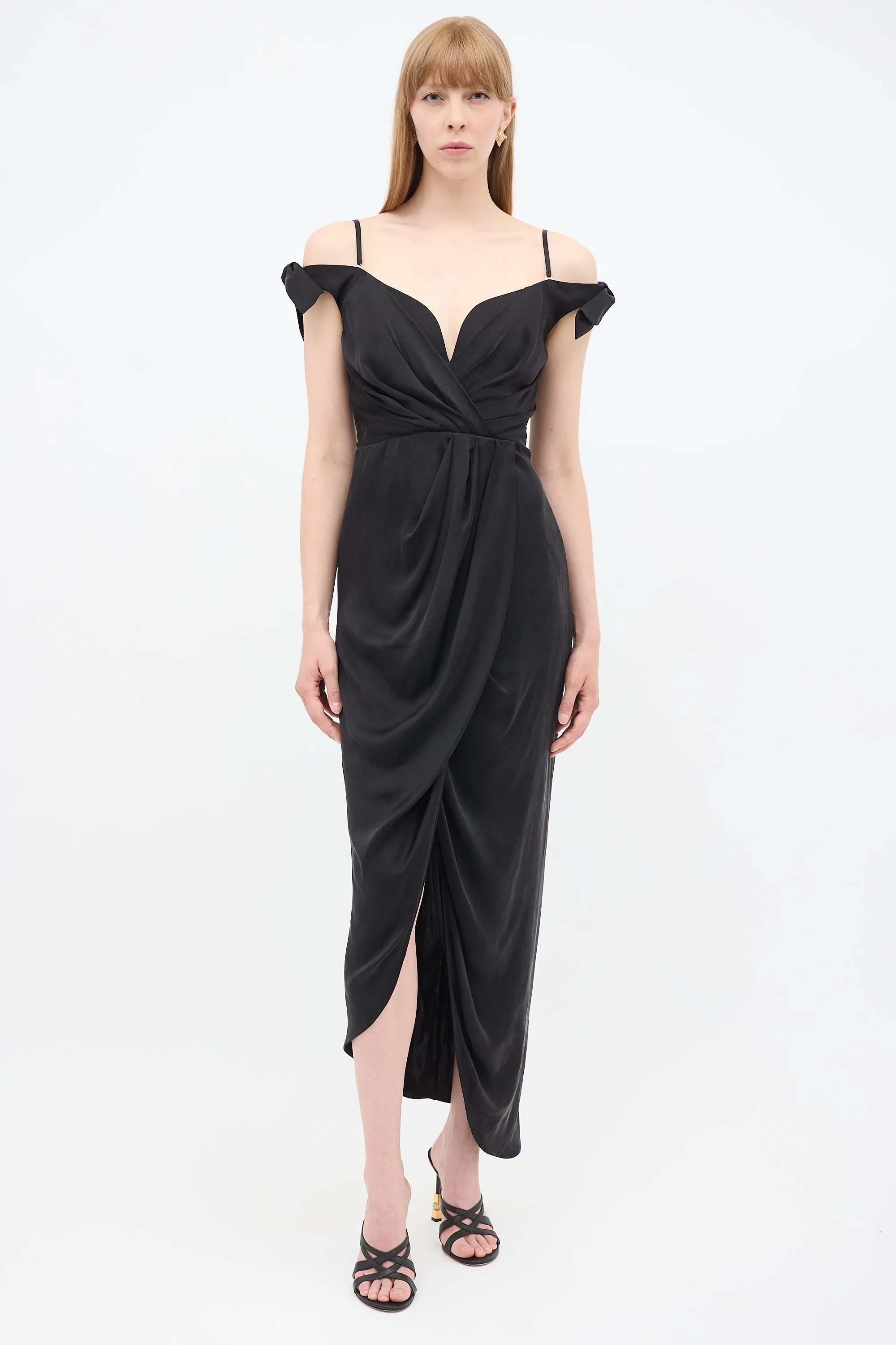 Black Silk Draped Off Shoulder Dress