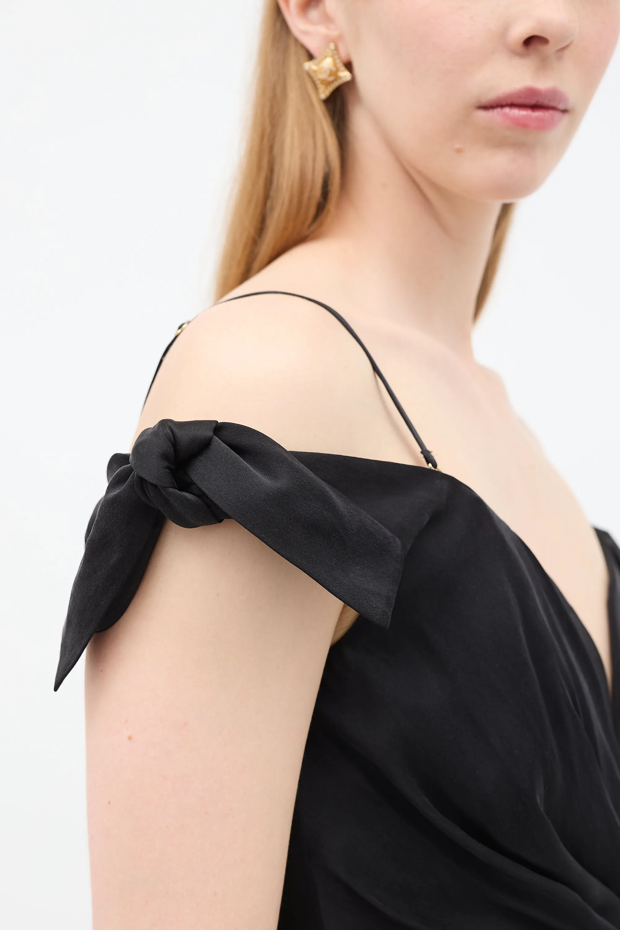 Black Silk Draped Off Shoulder Dress