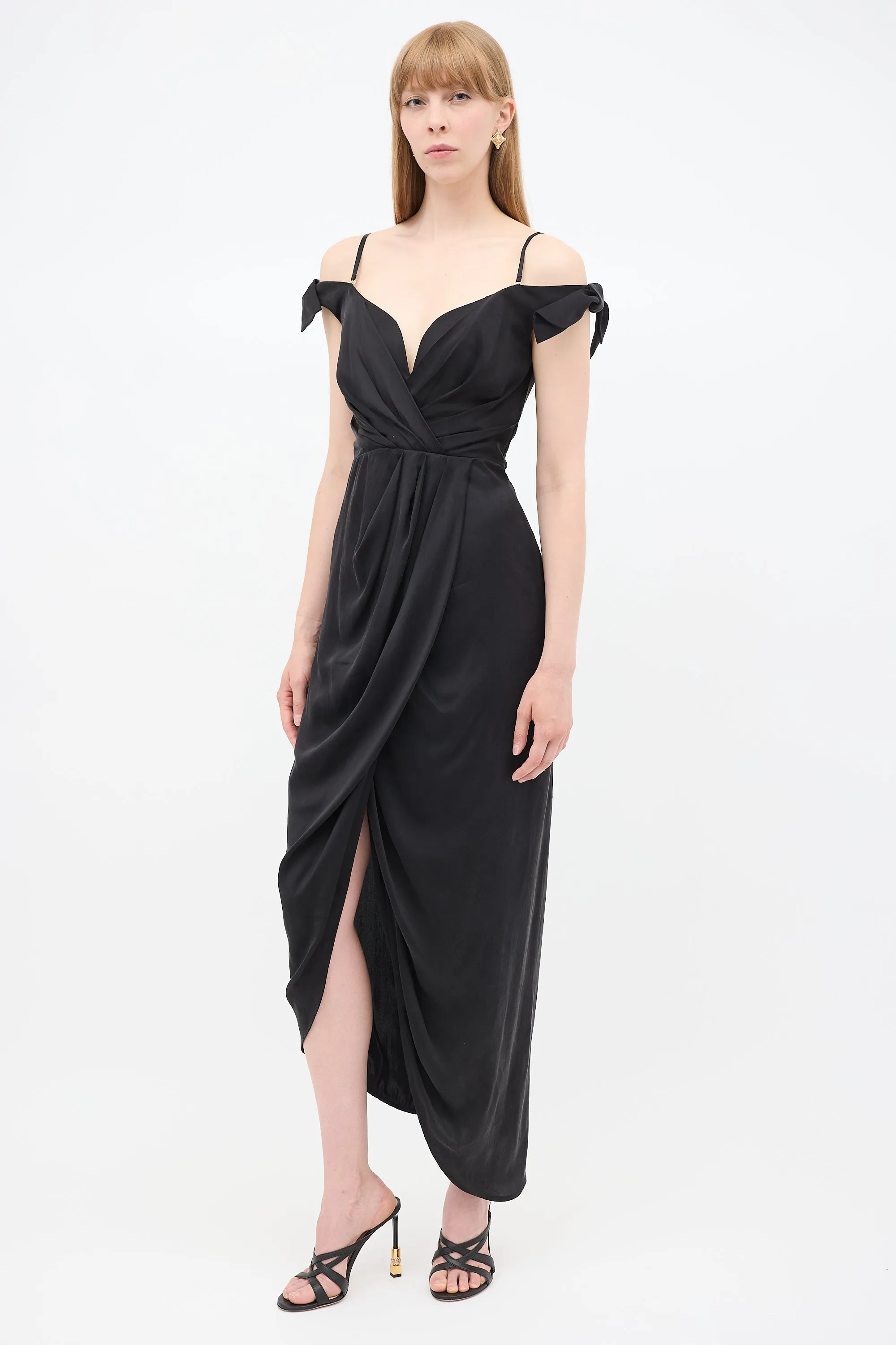 Black Silk Draped Off Shoulder Dress