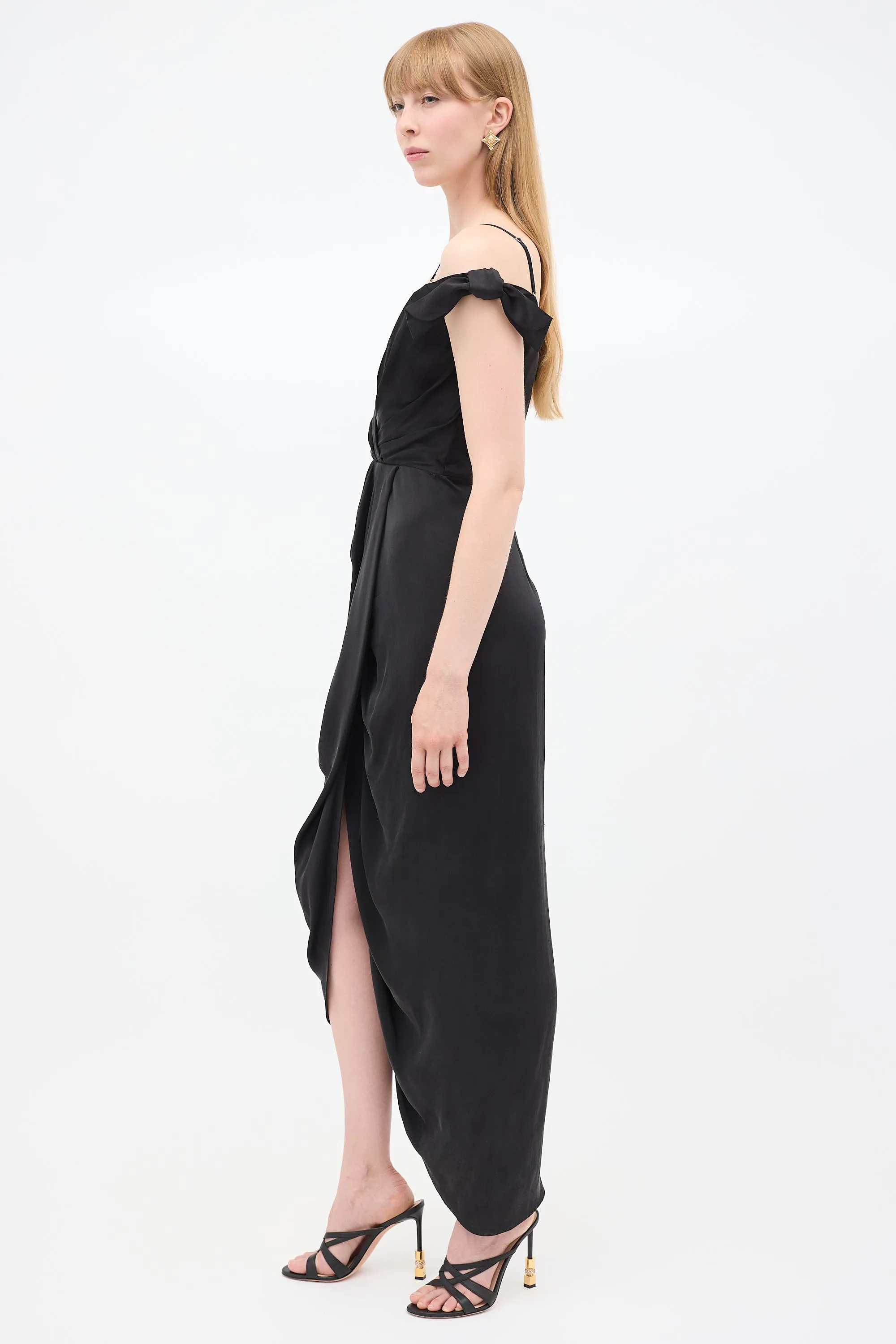 Black Silk Draped Off Shoulder Dress