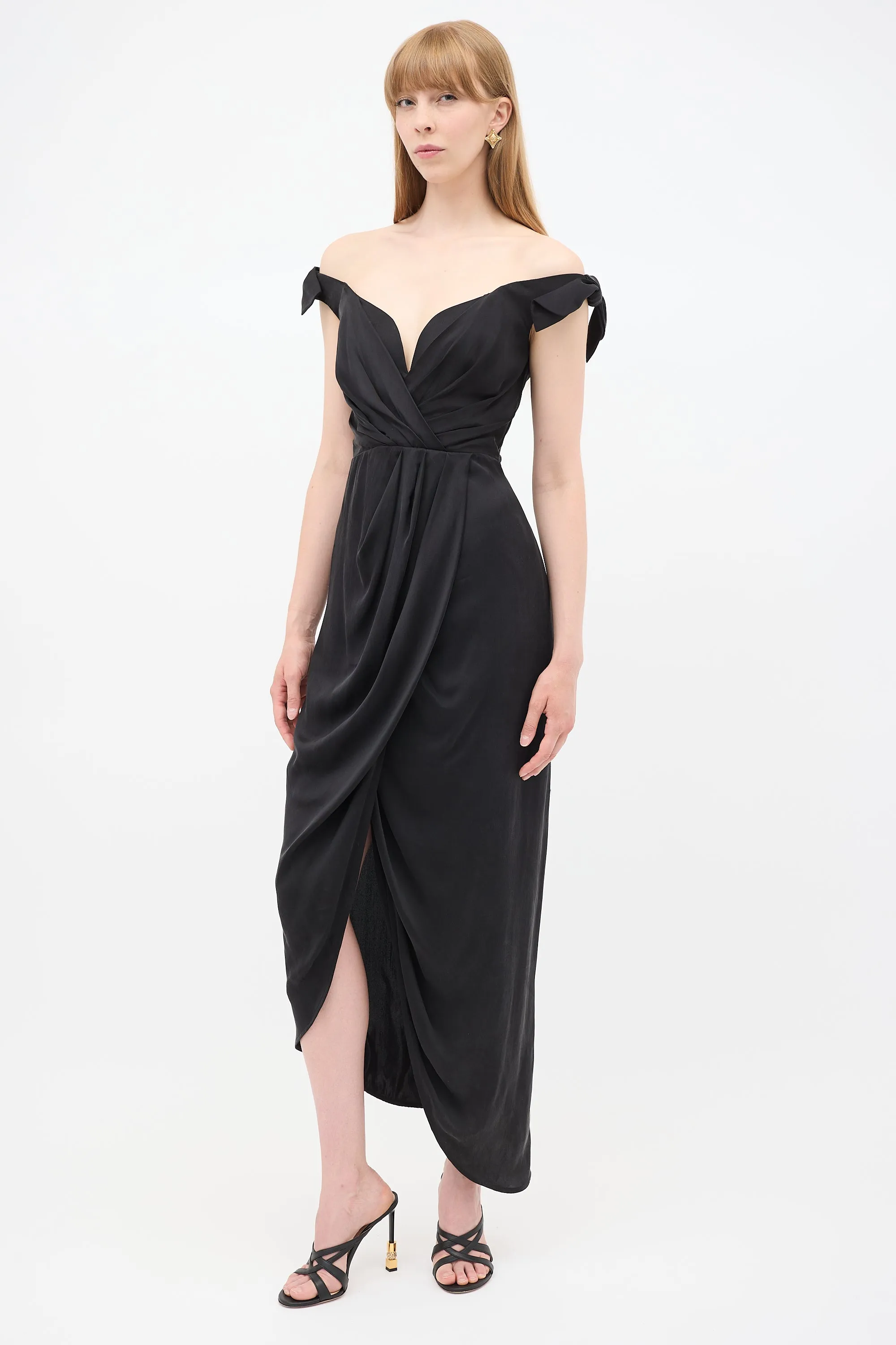 Black Silk Draped Off Shoulder Dress