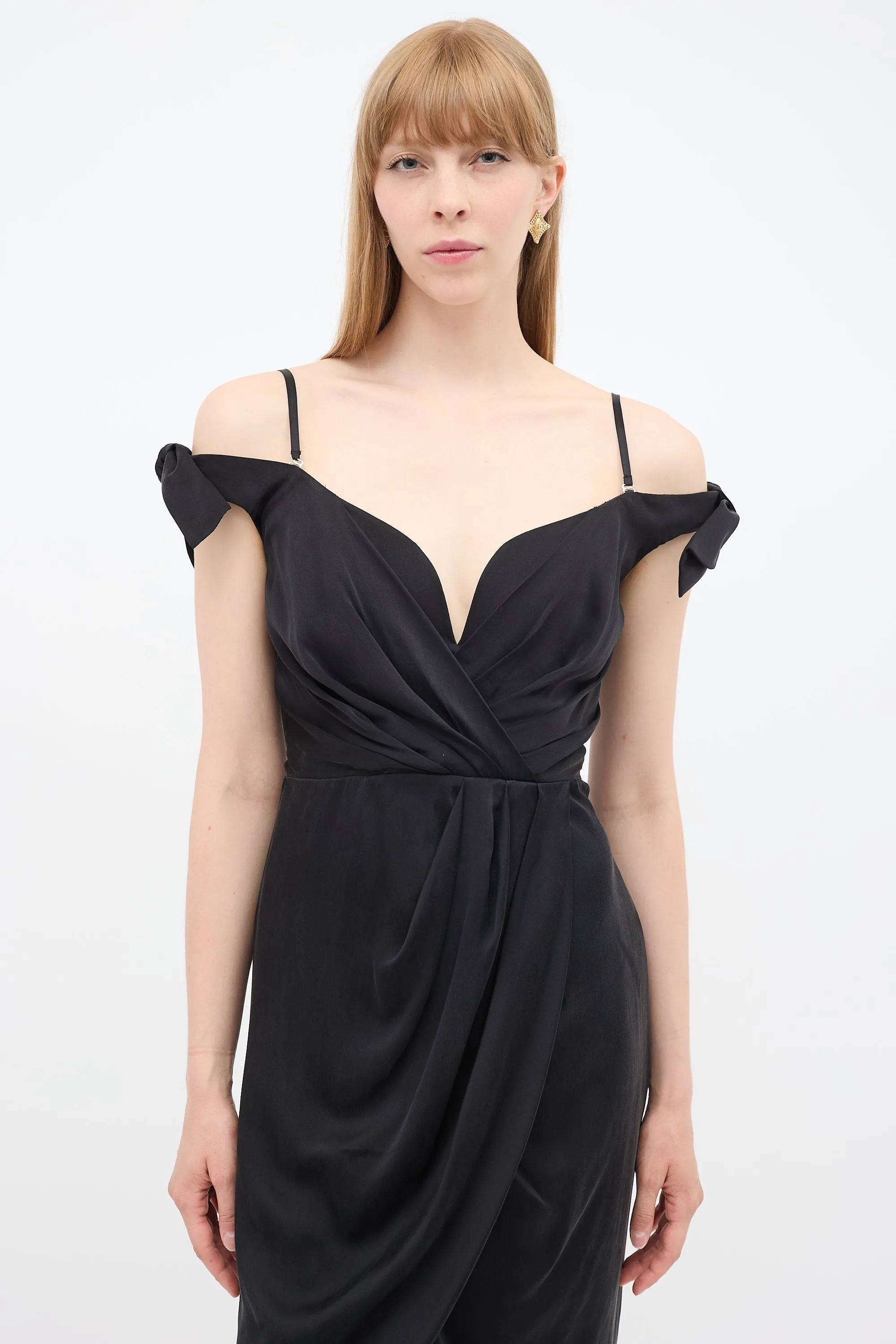 Black Silk Draped Off Shoulder Dress