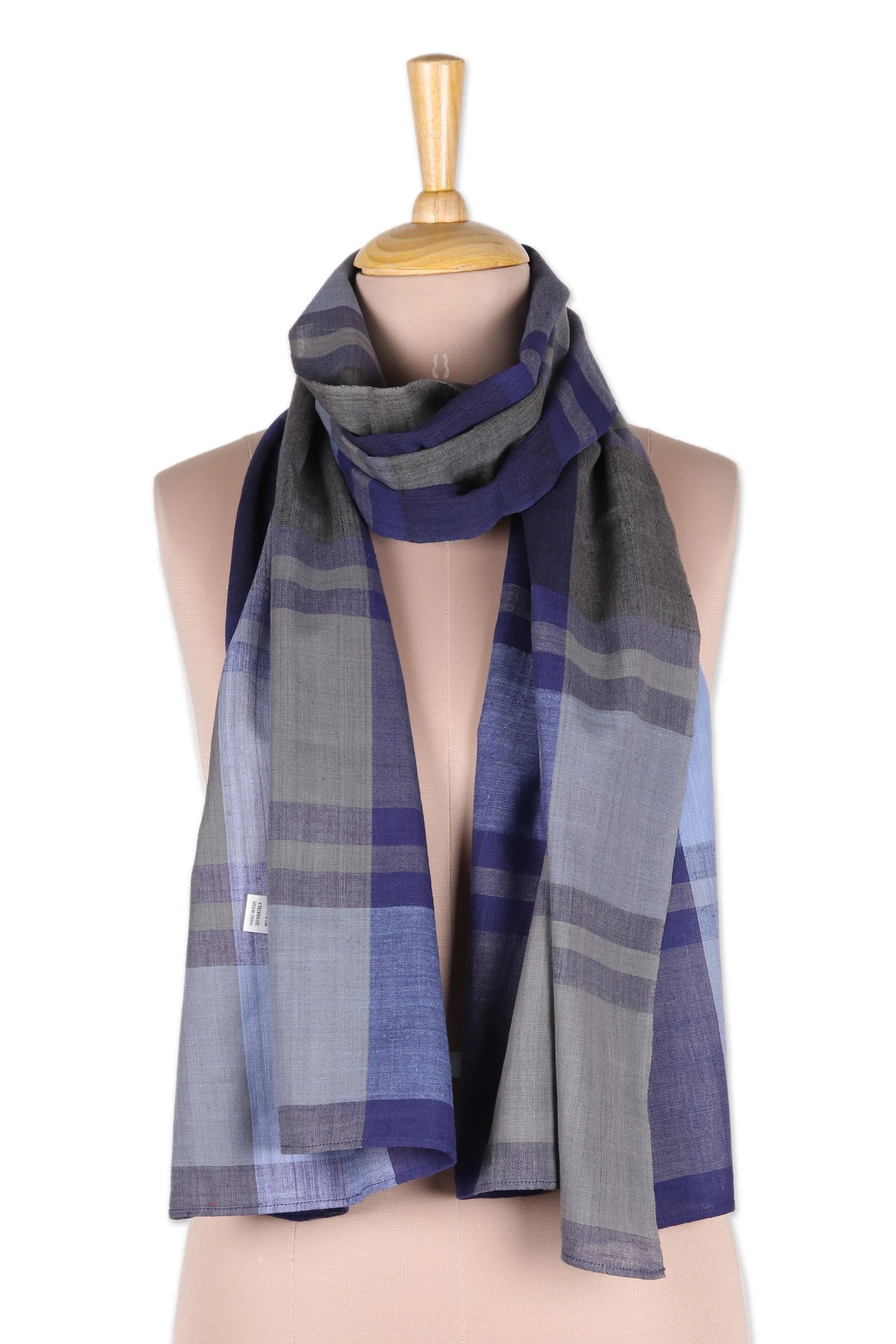 Blue and Grey Patterned Cotton Shawl - Classic Blue