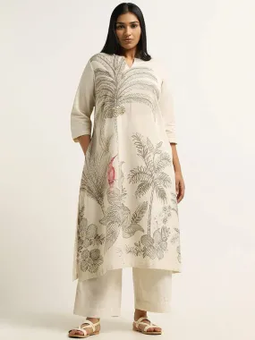 Diza Beige Printed Blended Linen Kurta