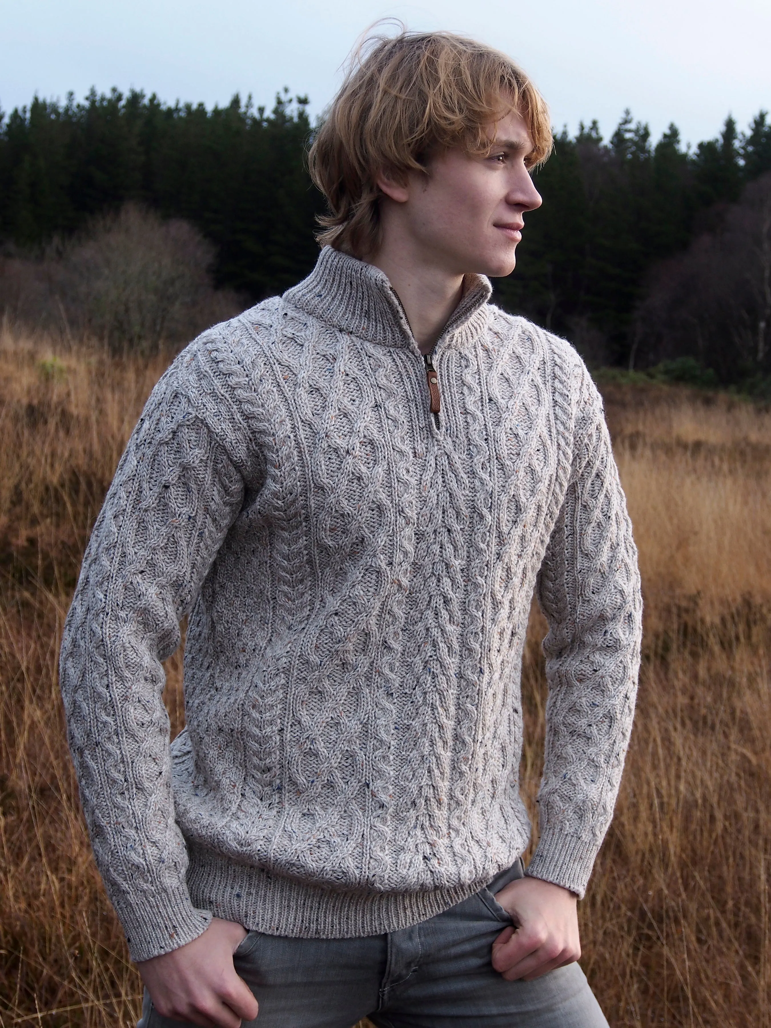 DONEGAL ZIP-NECK IRISH ARAN SWEATER