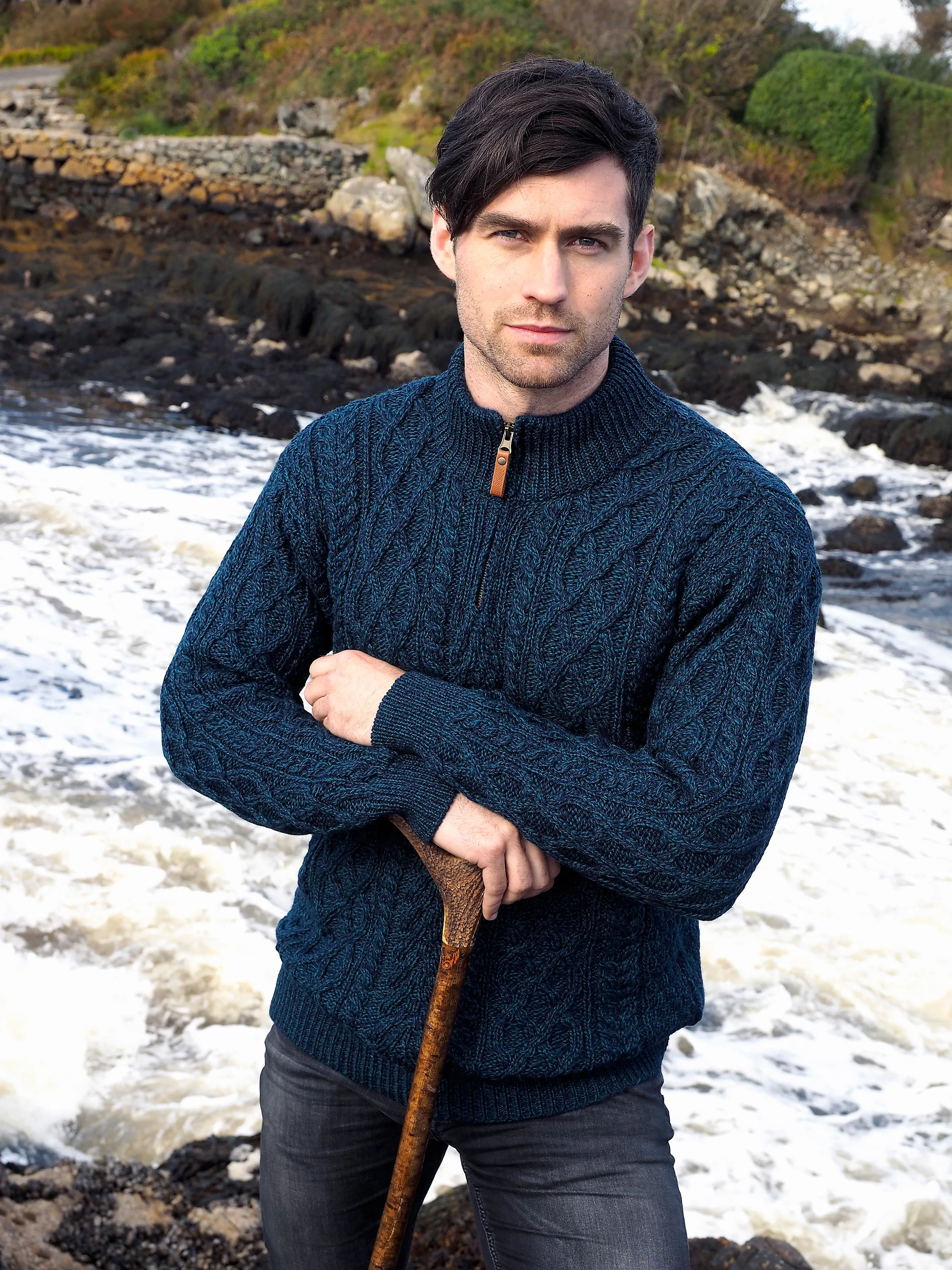 DONEGAL ZIP-NECK IRISH ARAN SWEATER