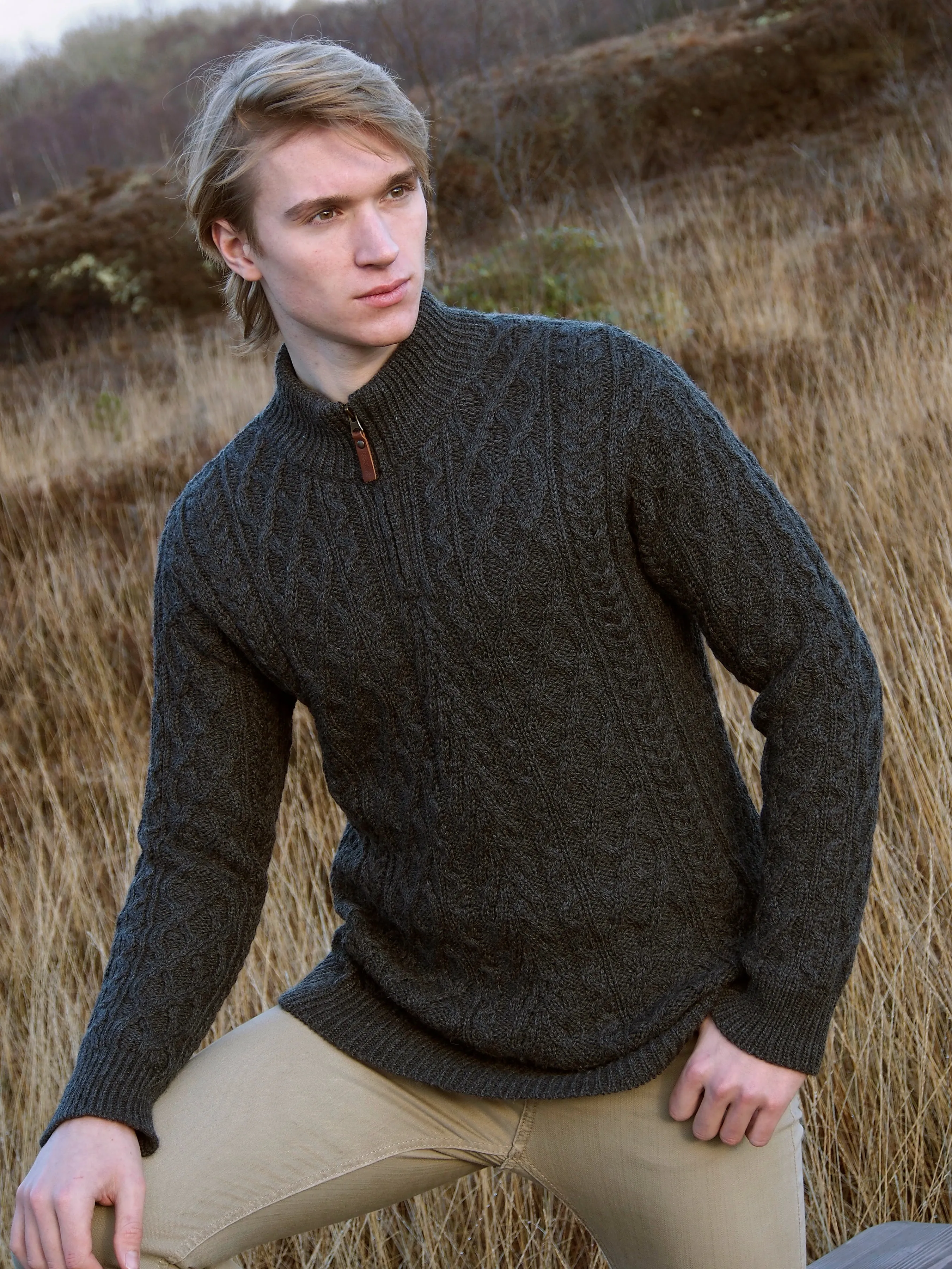 DONEGAL ZIP-NECK IRISH ARAN SWEATER