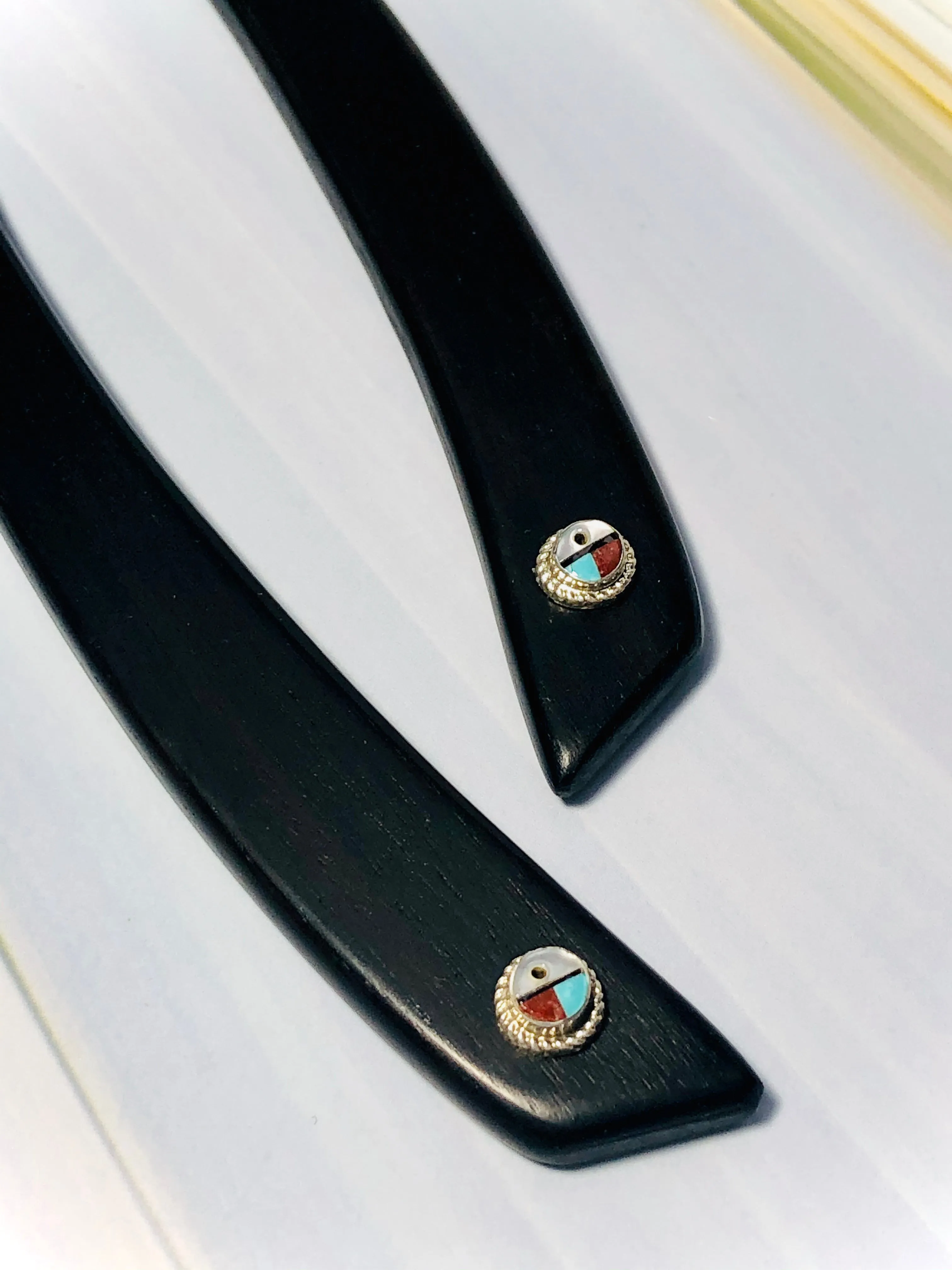 Ebony and Sunface Southwestern hair sticks, silver Sunface Turquoise luxury hair stick