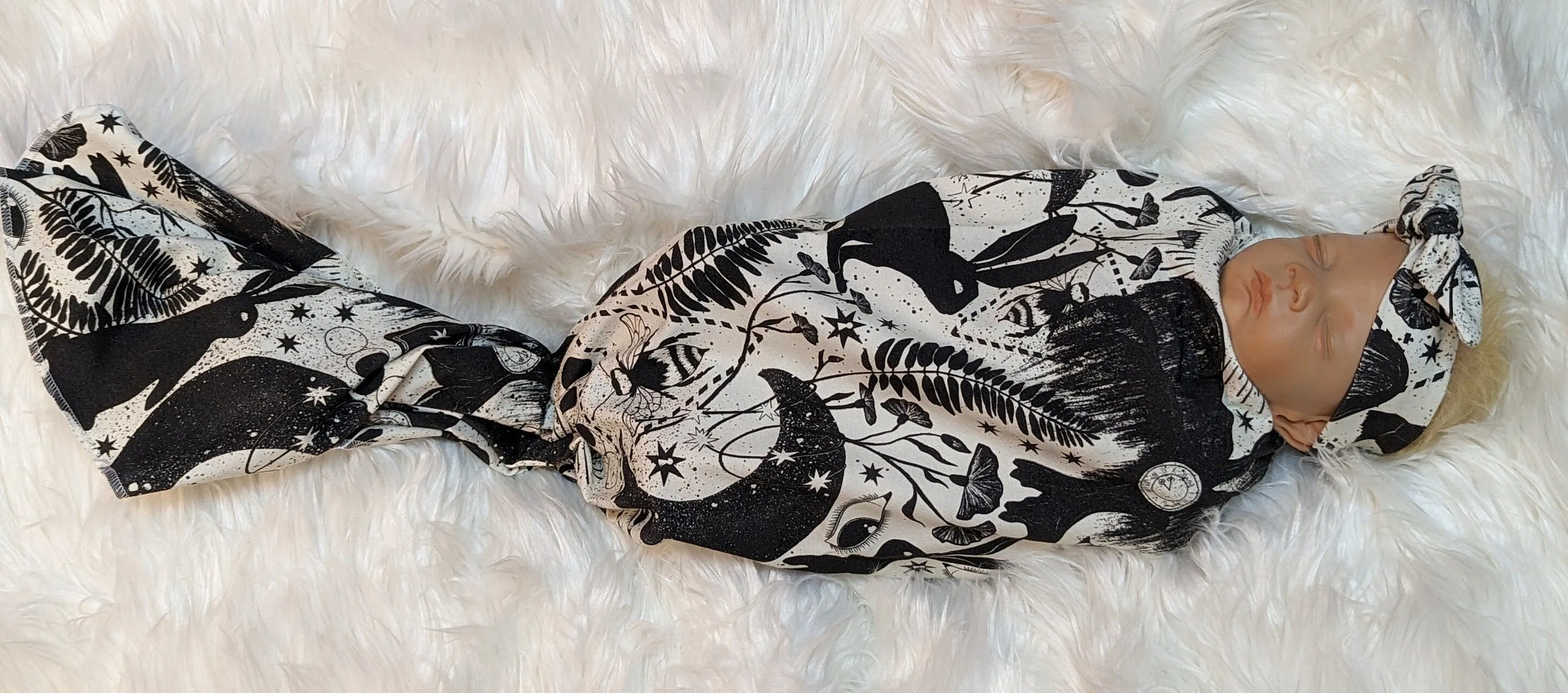Fantasy Nursery Black  White Witchy Baby Swaddle  Hat Set with Bunny Bee and Crescent Moon Designs