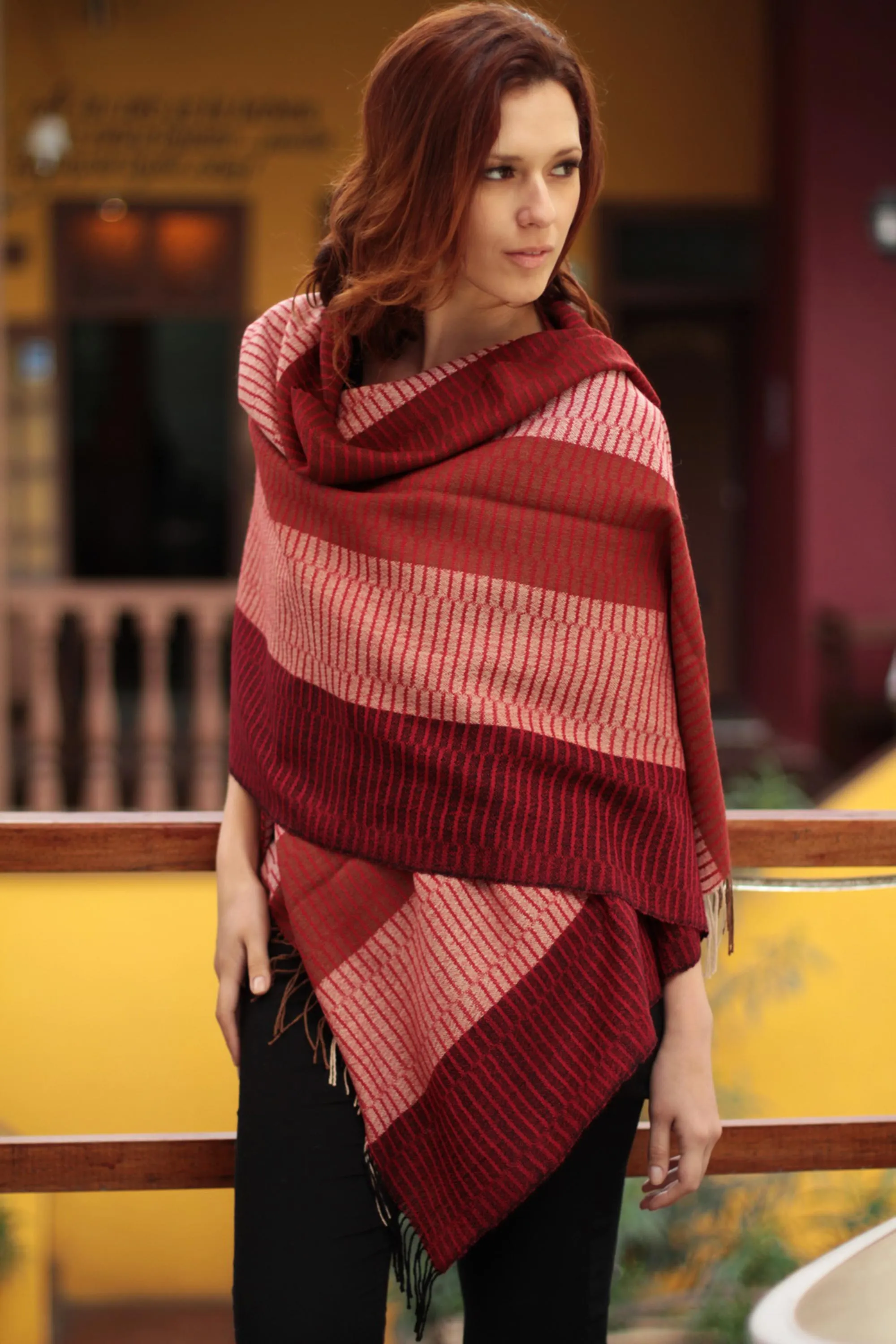 Handcrafted Alpaca Wool Striped Shawl - Huancayo Passion | NOVICA