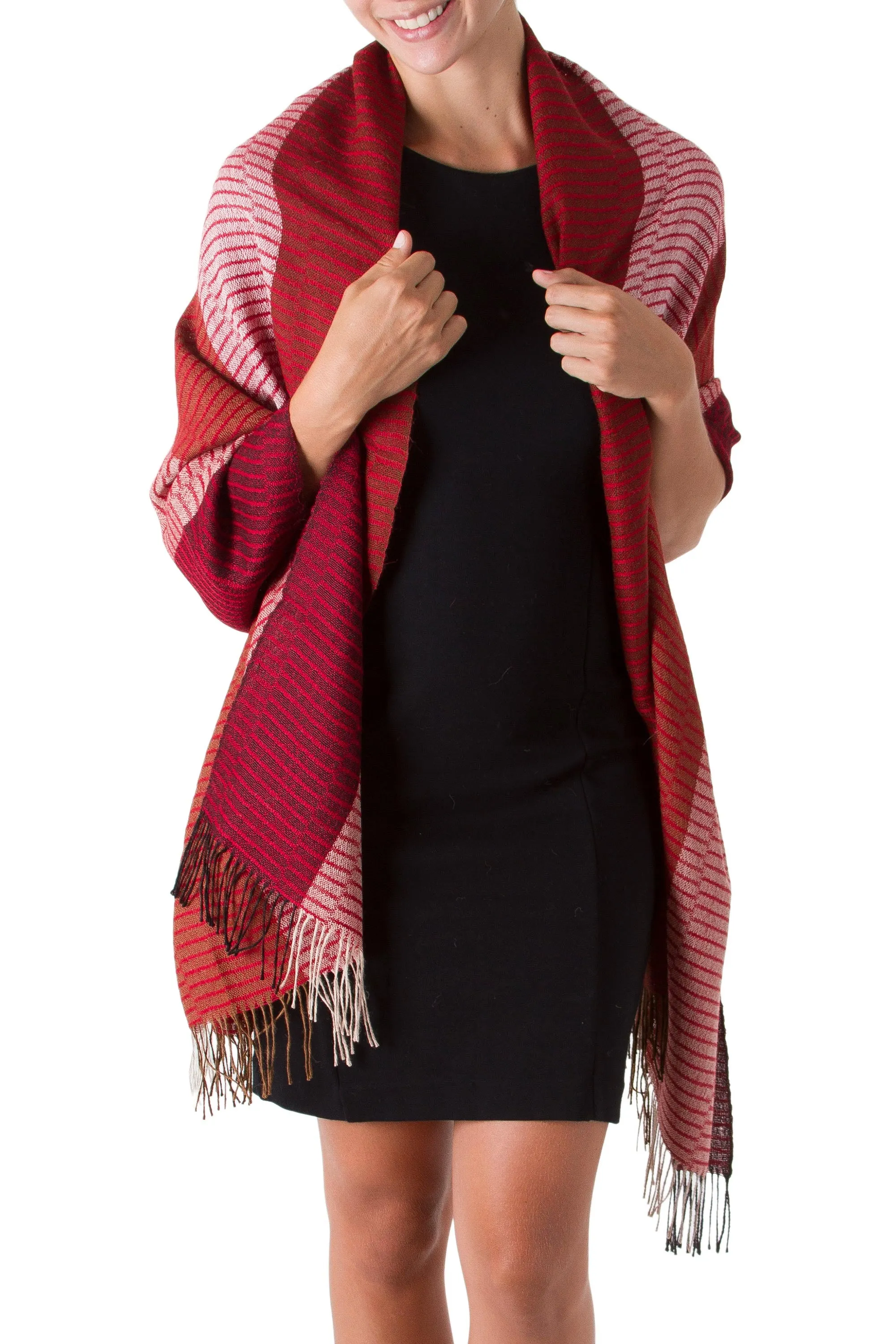 Handcrafted Alpaca Wool Striped Shawl - Huancayo Passion | NOVICA