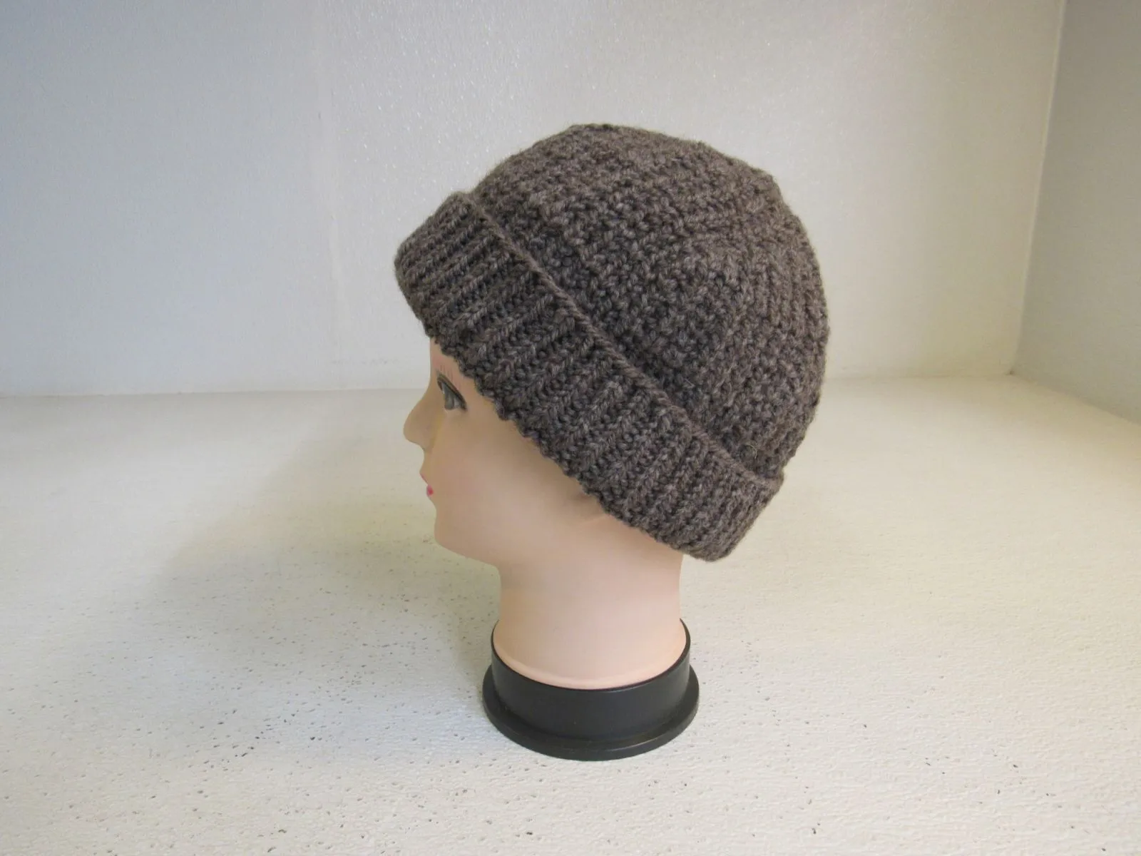 Handcrafted Beanie Dark Brown Textured 100% Merino Adult -- New