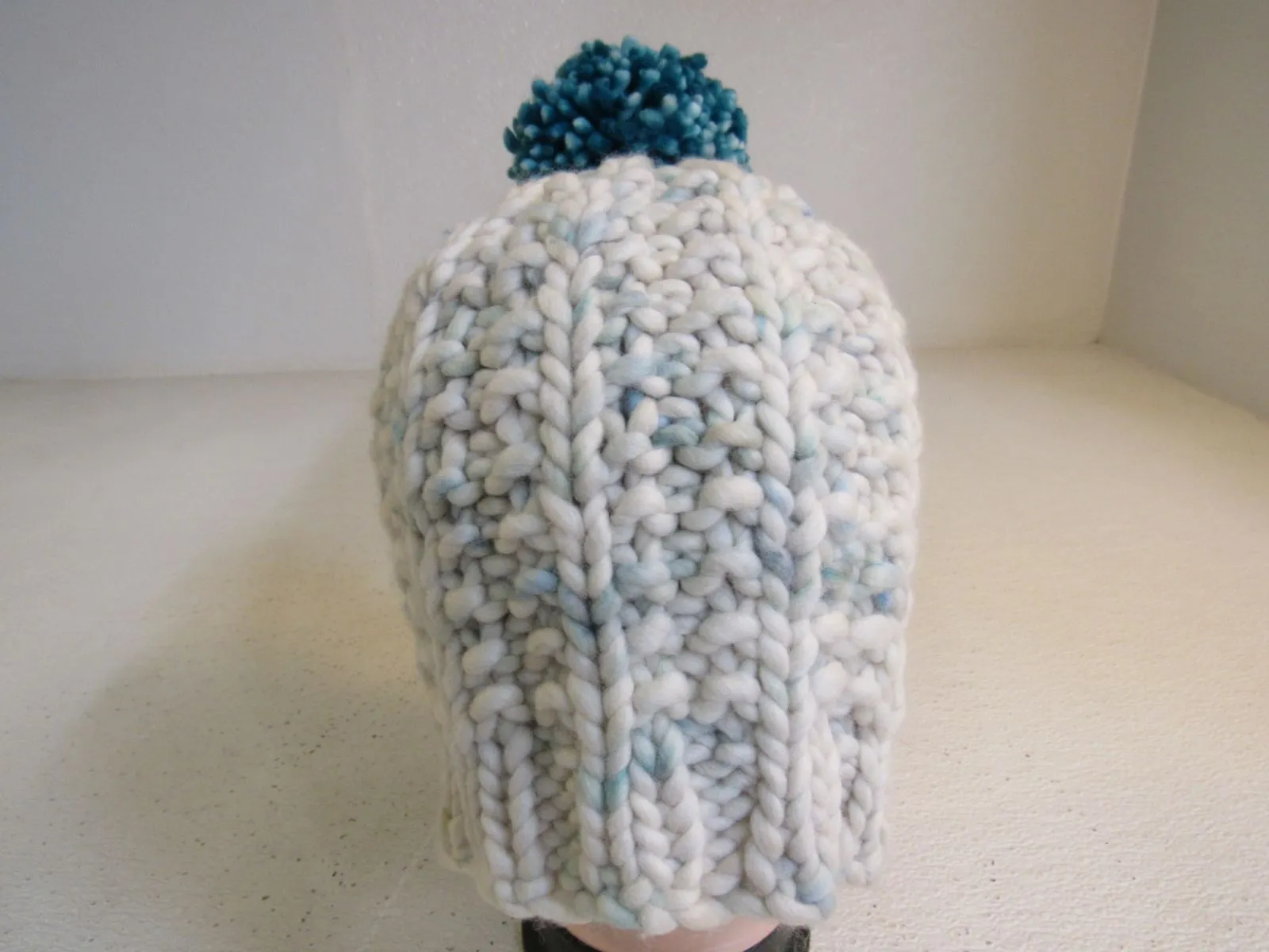 Handcrafted Beanie Hat Cream Teal Pom Pom 100% Merino Female Adult -- New