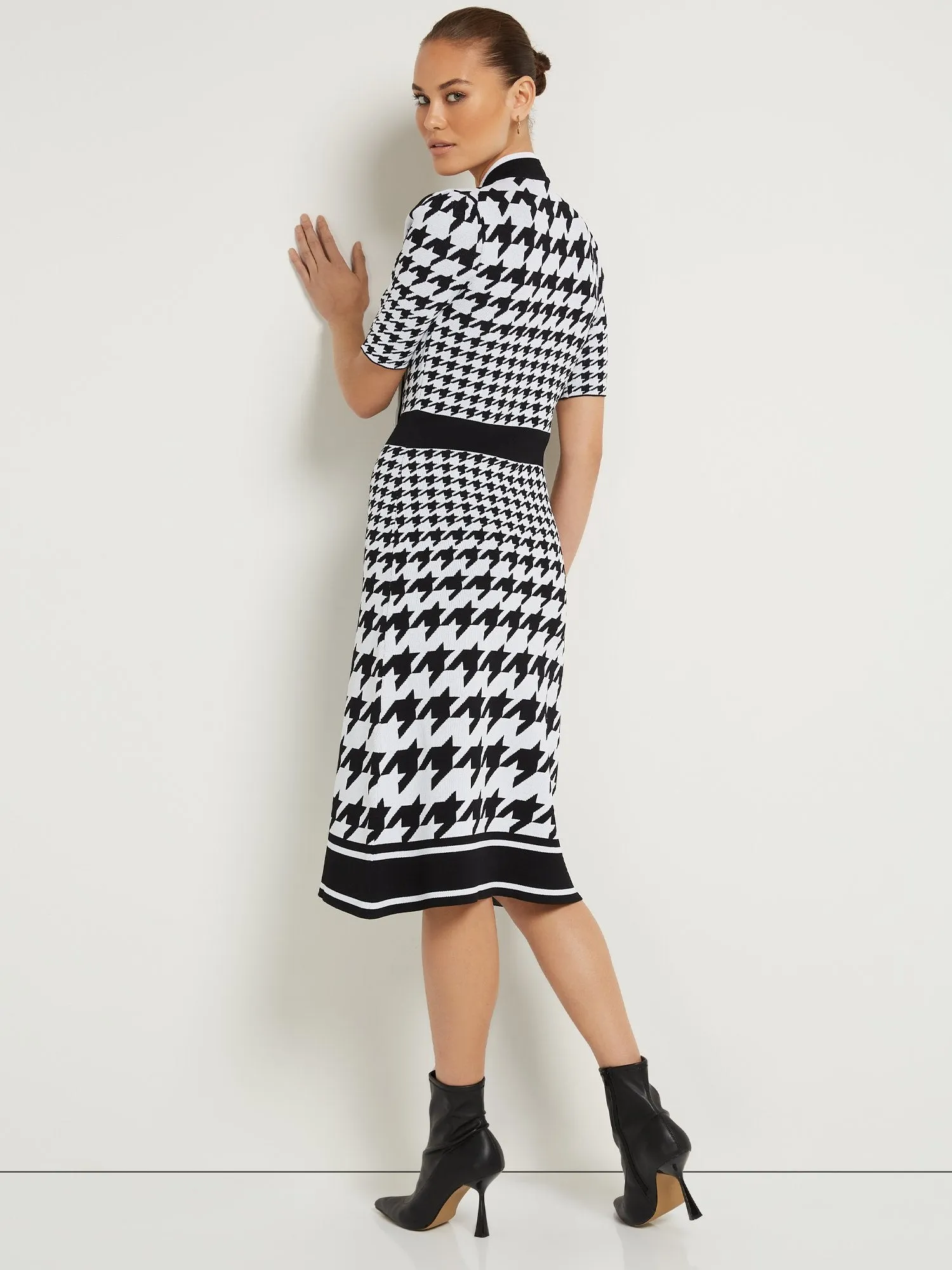 Houndstooth Bow-Neck Sweater Dress
