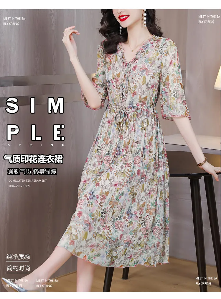 IKEARLAX Summer  Floral Mulberry Silk Dress Women's  New V-neck High-End Temperament Half Sleeve Chiffon Skirt