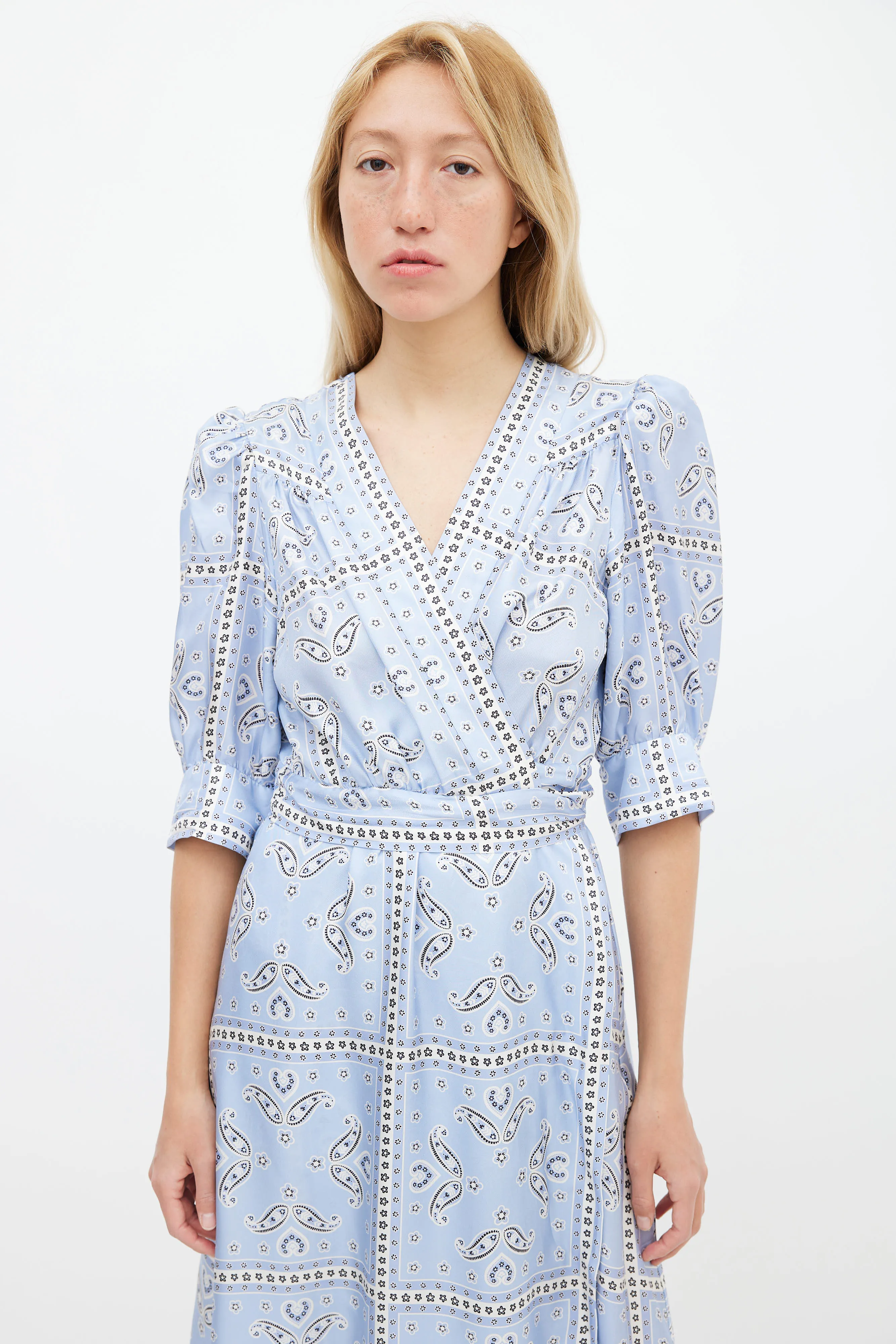 Light Blue & White Silk Enrika Paisley Wrap Dress
