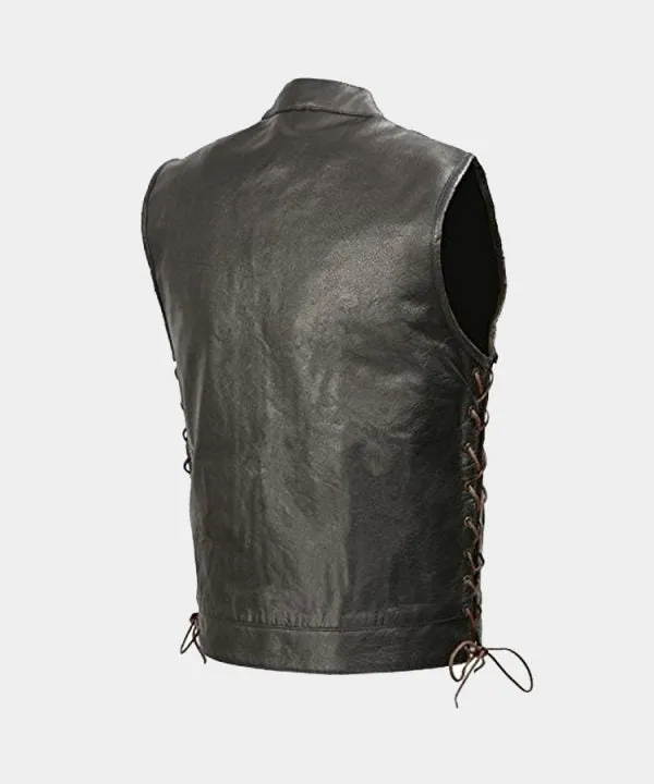 Men’s Brown Leather Club-Style Vest with Side Lace and Concealed Gun Pockets