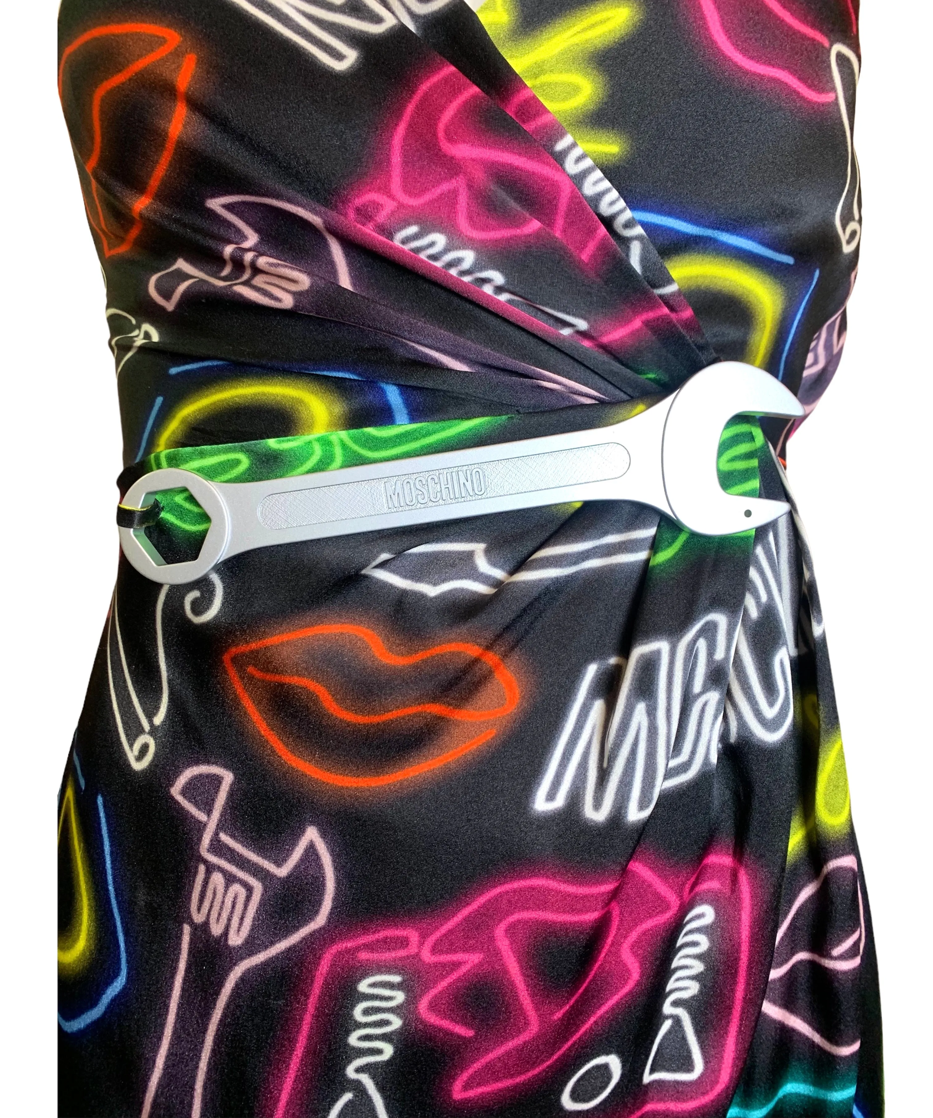 Moschino Couture SS 2016 Neon Sign Novelty Print Silk Gown