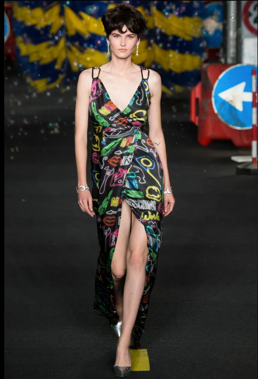 Moschino Couture SS 2016 Neon Sign Novelty Print Silk Gown