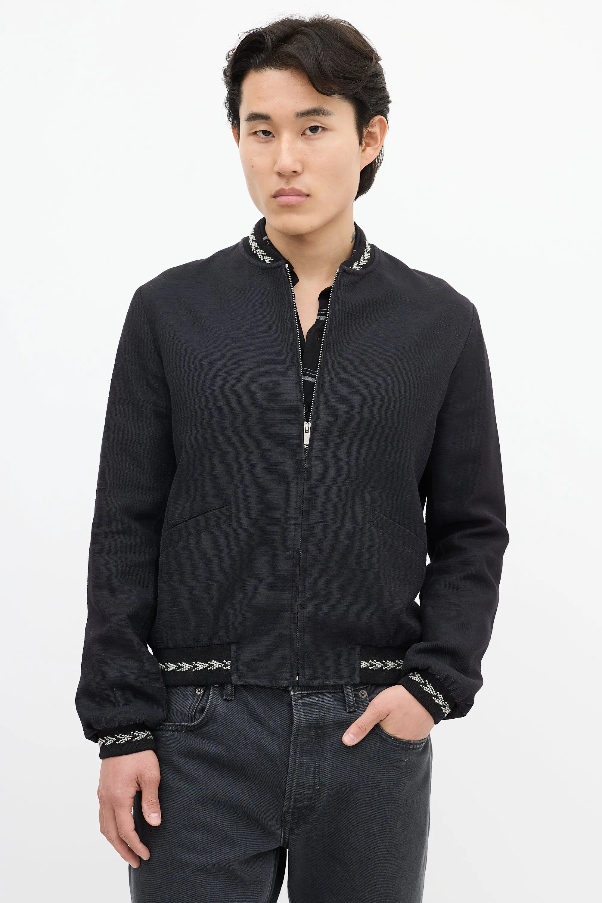 Navy Silk Embroidered Bomber Jacket