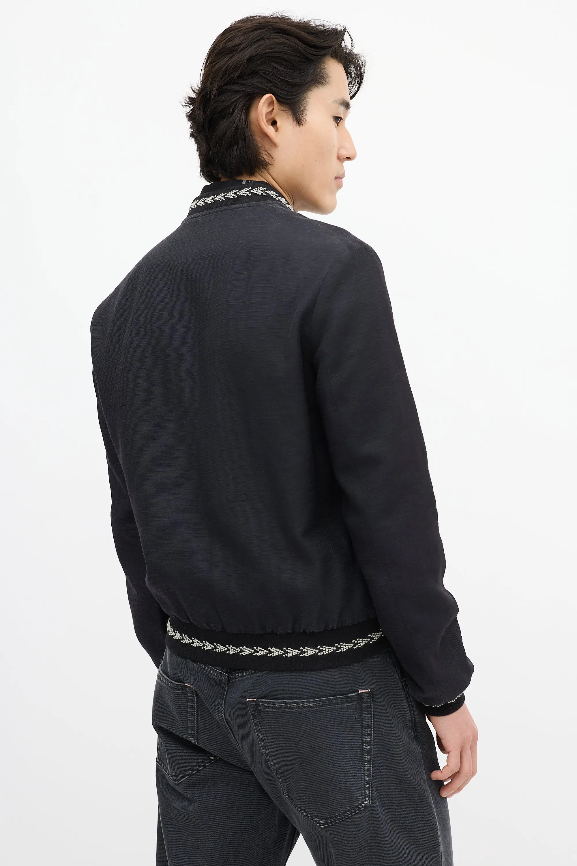 Navy Silk Embroidered Bomber Jacket