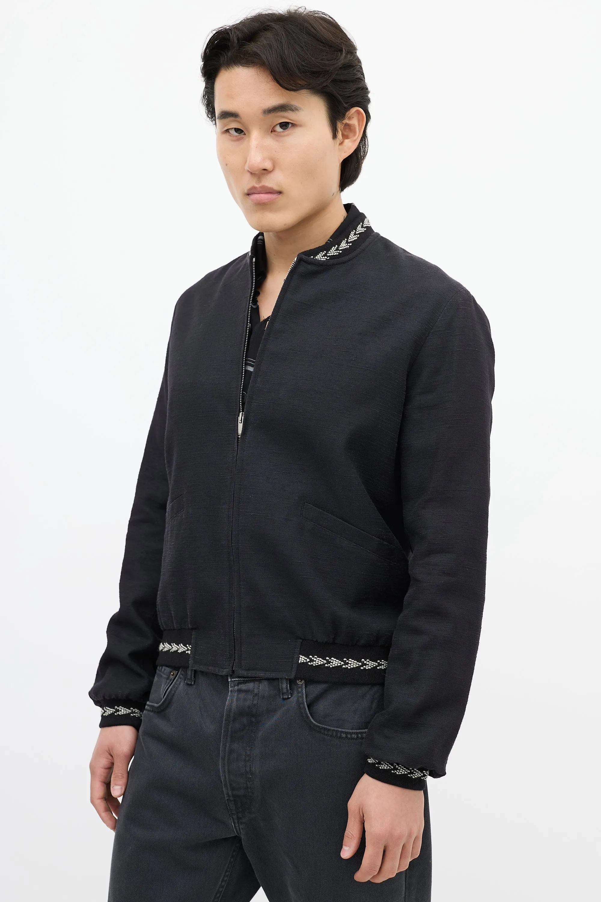 Navy Silk Embroidered Bomber Jacket