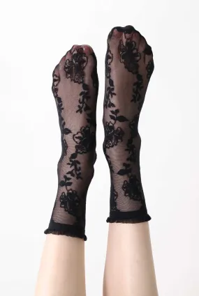 Oroblu Lace Trim Flower Patterned Sheer Crew Socks