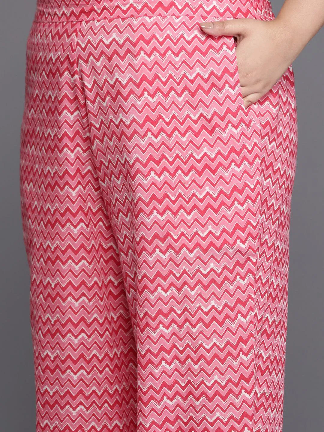 Plus Size Blue Printed Cotton A-Line Kurta With Trousers & Dupatta