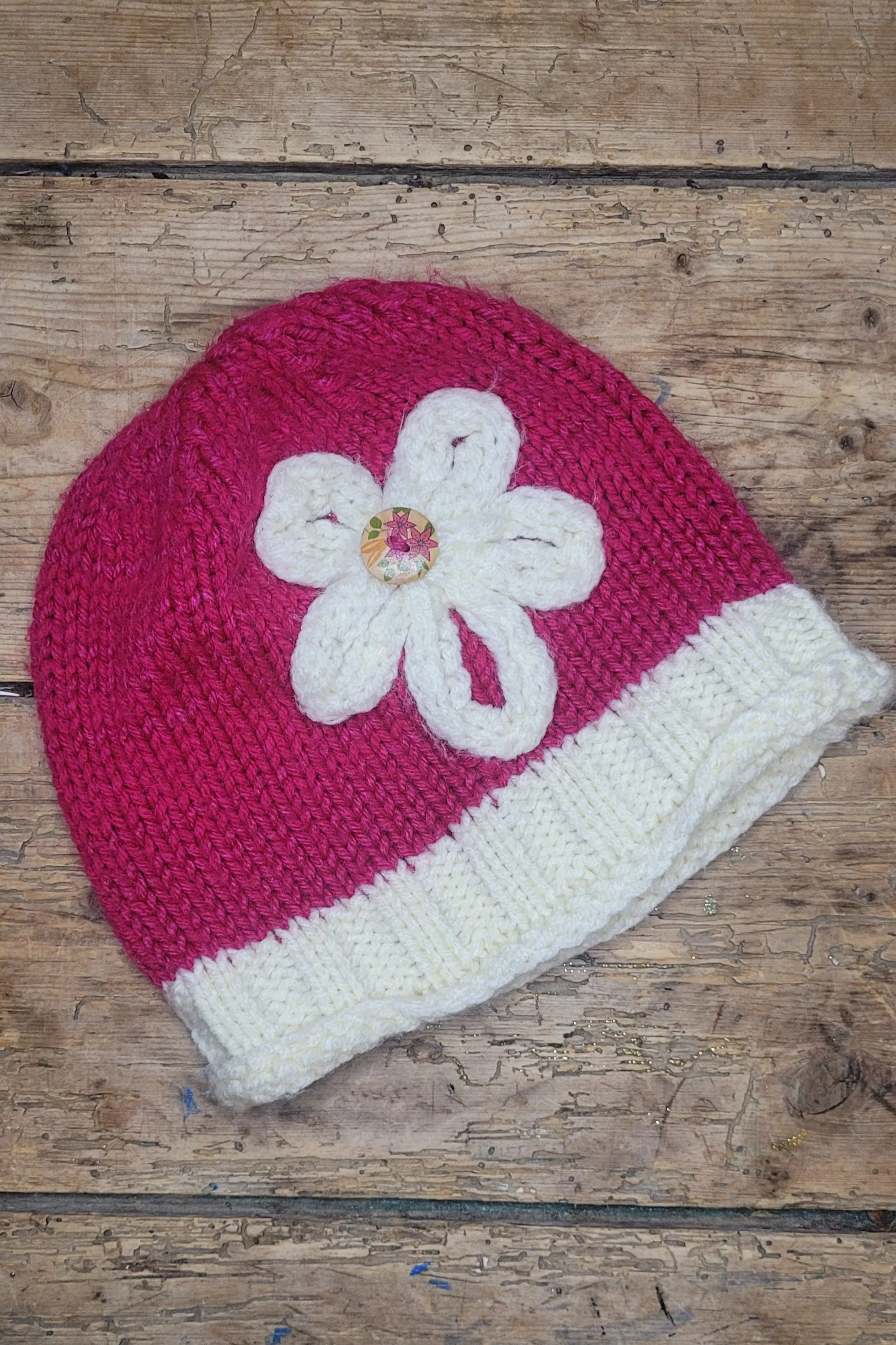 Raspberry Pink Handknit Hat, 6-24 months approx.
